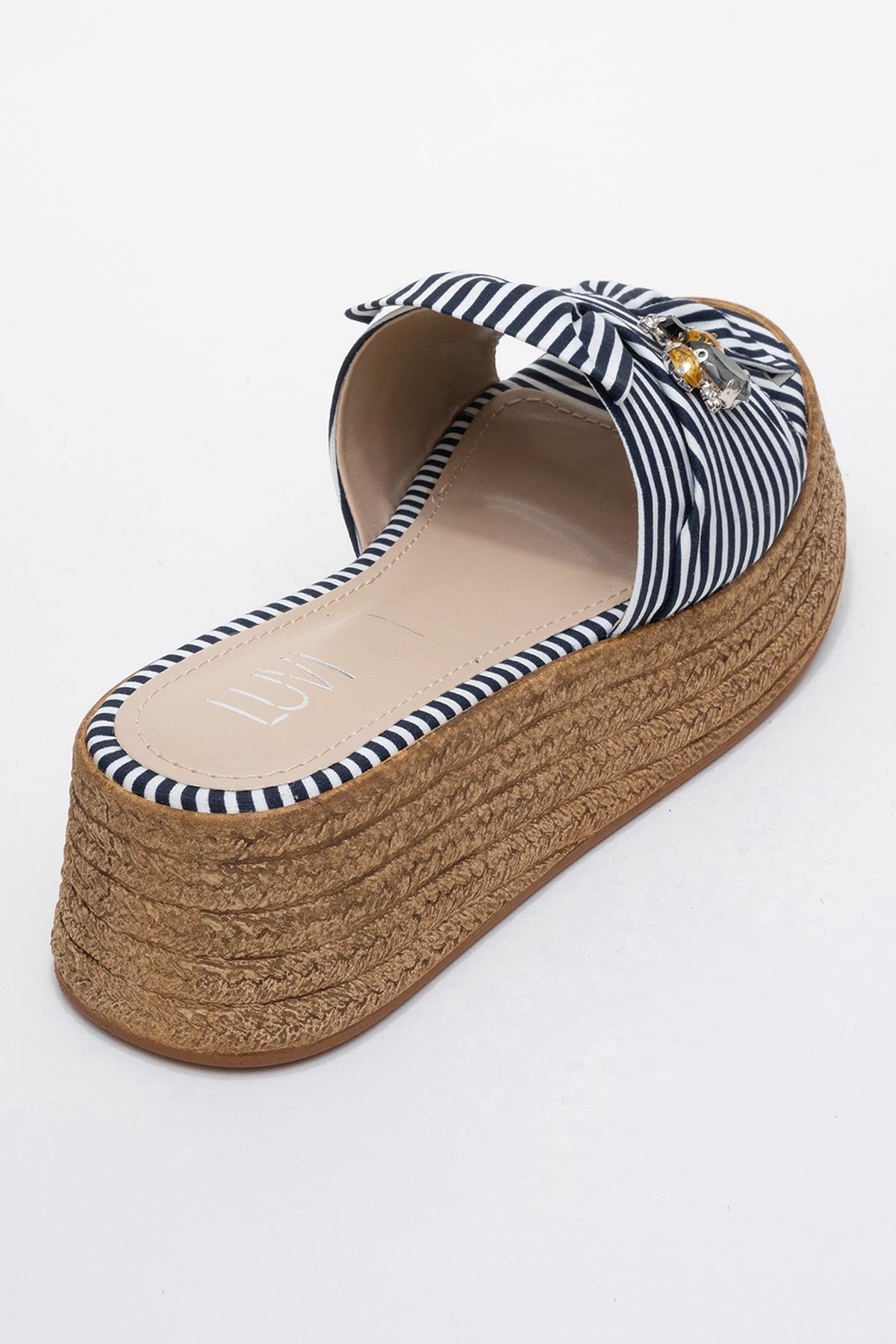 Shara Navy & White Striped Bow & Bee Buckle Platform Sandal – back view showing bow, leather, white, Vowalisse