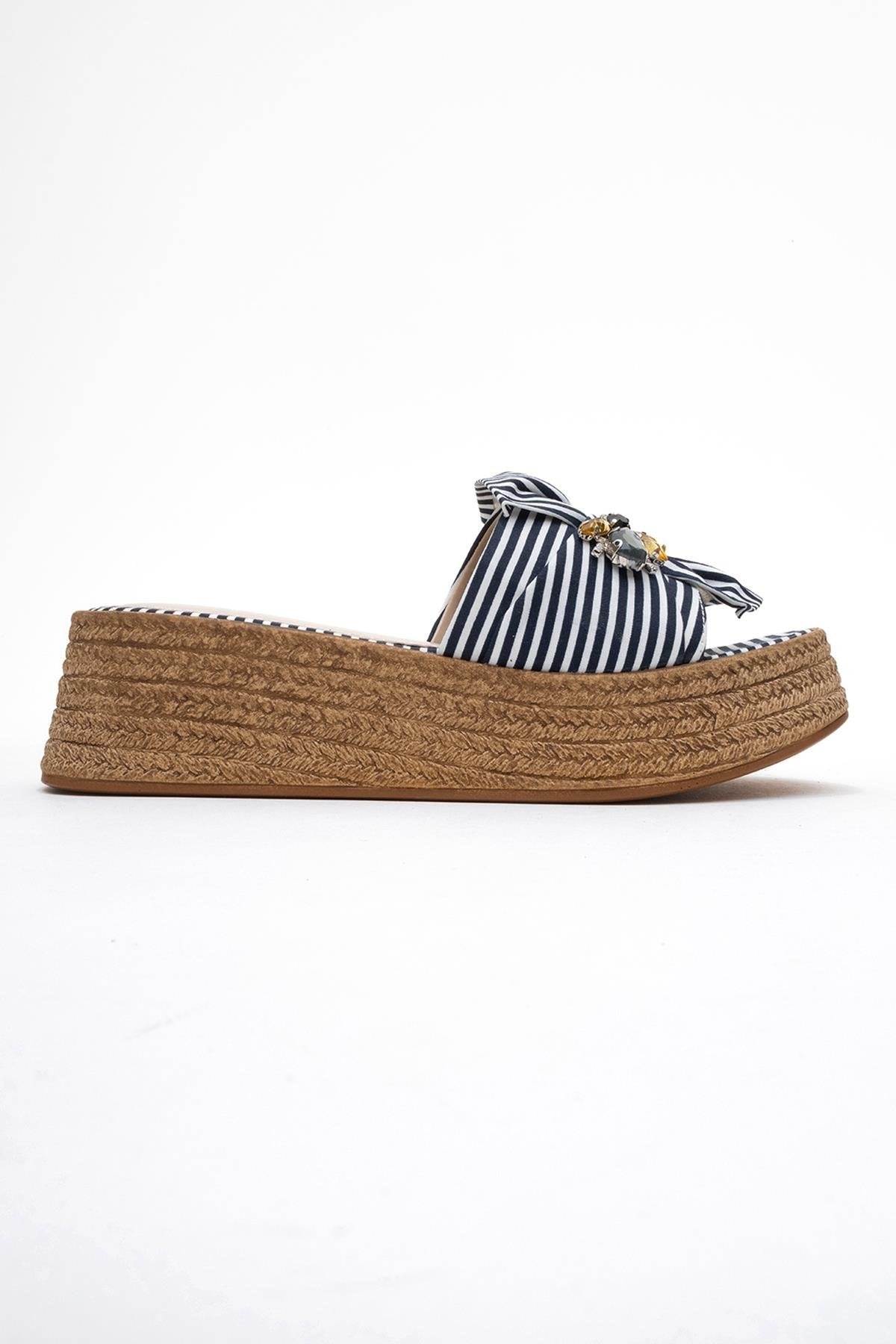Shara Navy & White Striped Bow & Bee Buckle Platform Sandal – top view showing bow, leather, white, Vowalisse