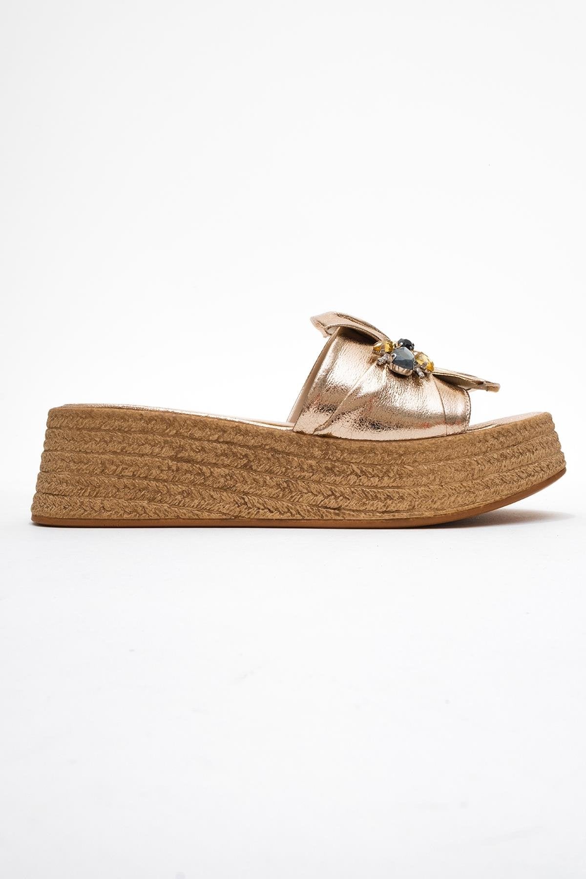 Shara Gold Bow & Bee Buckle Platform Sandal – top view showing bow, leather, gold, Vowalisse