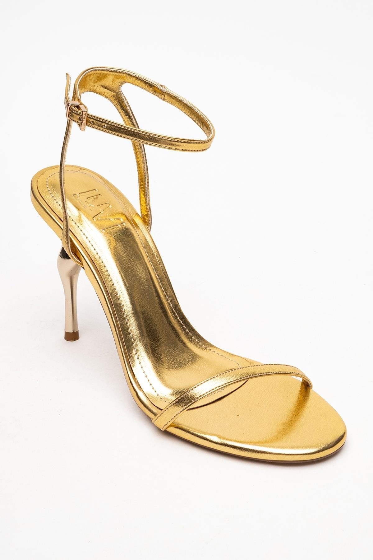Jasmin - Gold Single-Strap High Heel – back view showing leather, gold, Vowalisse