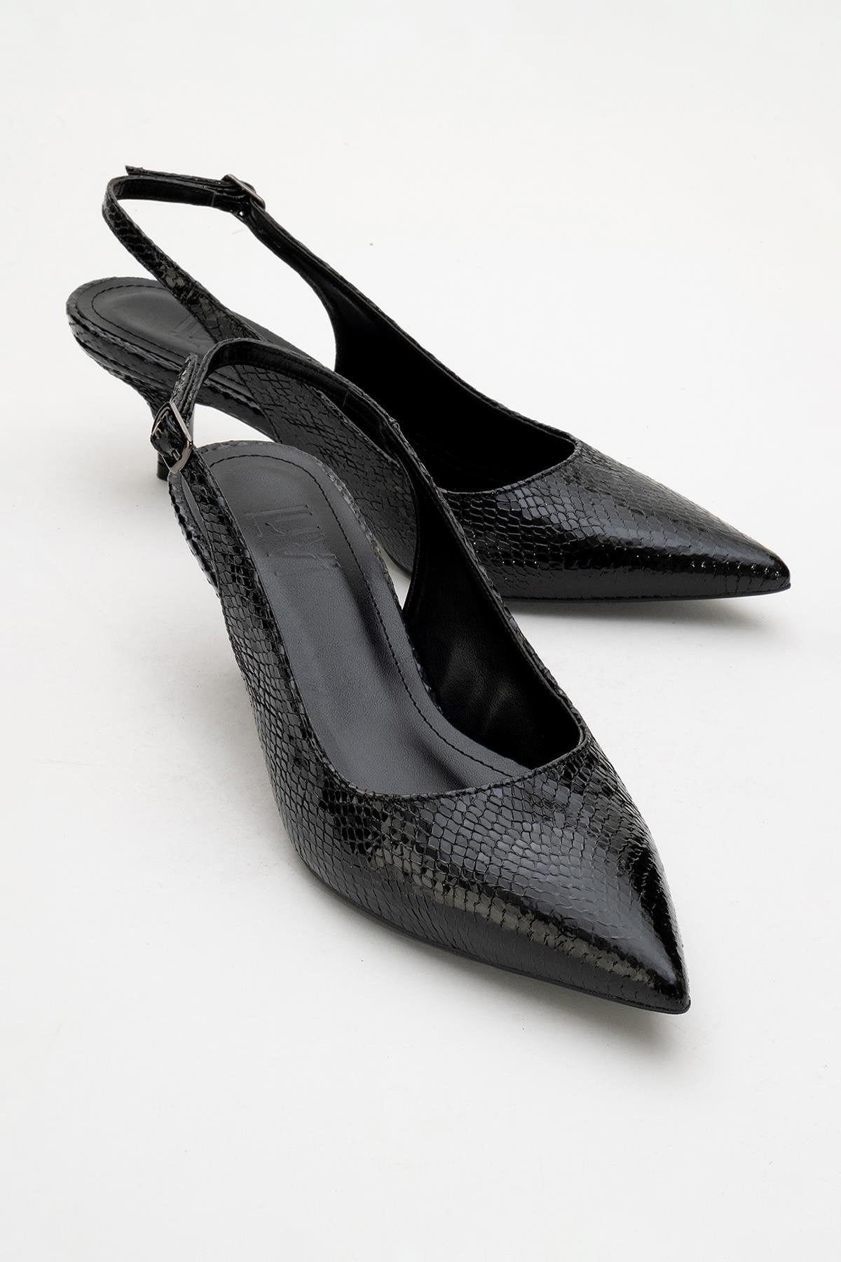 Value - Black Patterned Heeled Shoe – front three-quarter view showing leather, black, Vowalisse