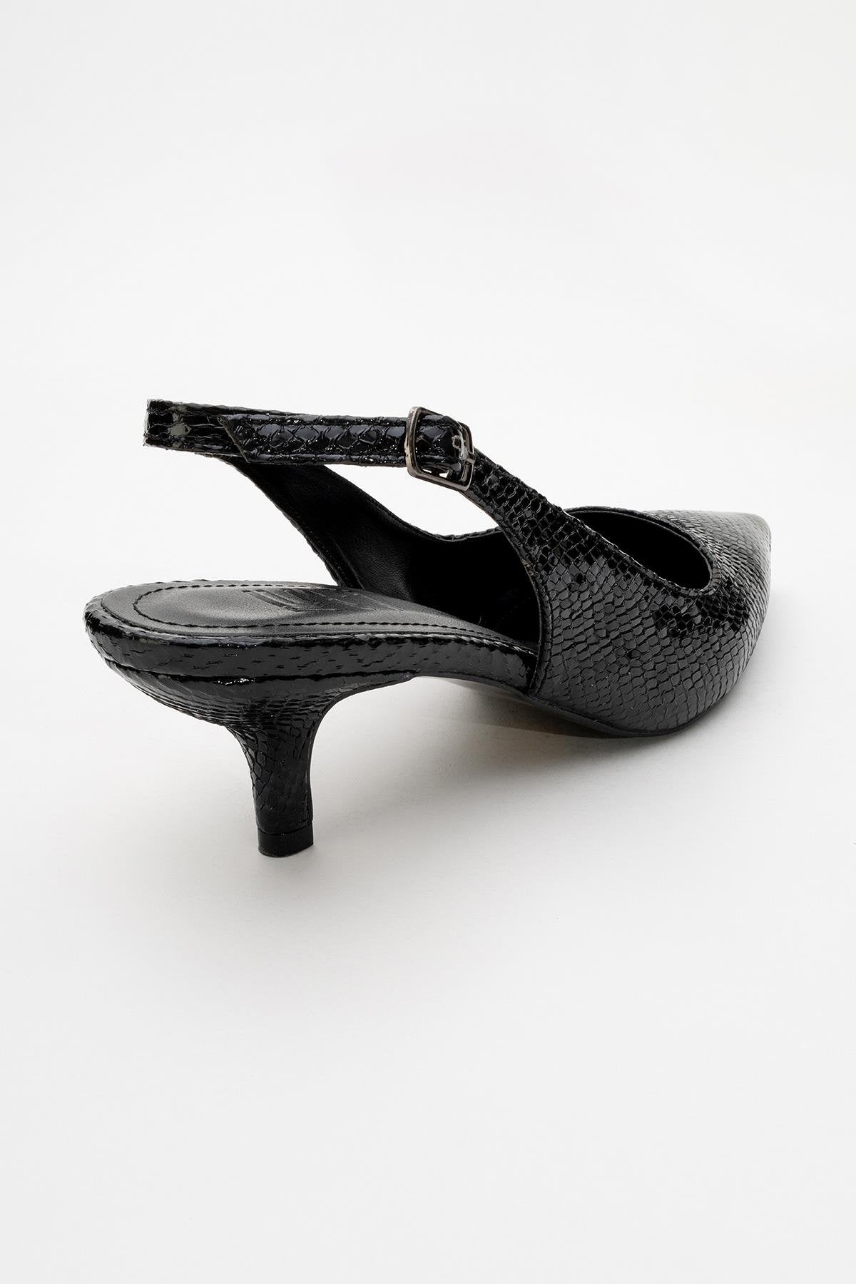 Value - Black Patterned Heeled Shoe – heel view showing leather, black, Vowalisse