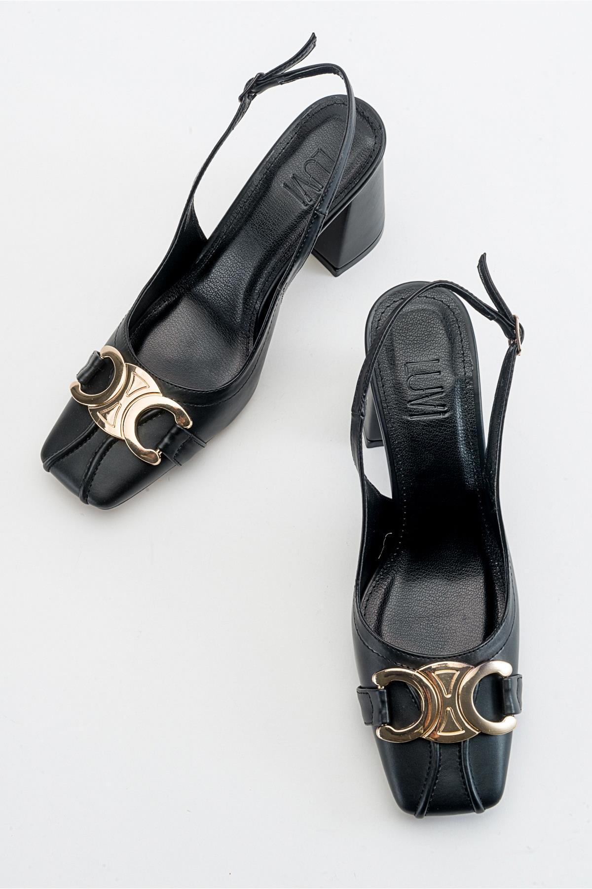 Forlev - Black Heeled Shoe – detail view showing leather, black, Vowalisse