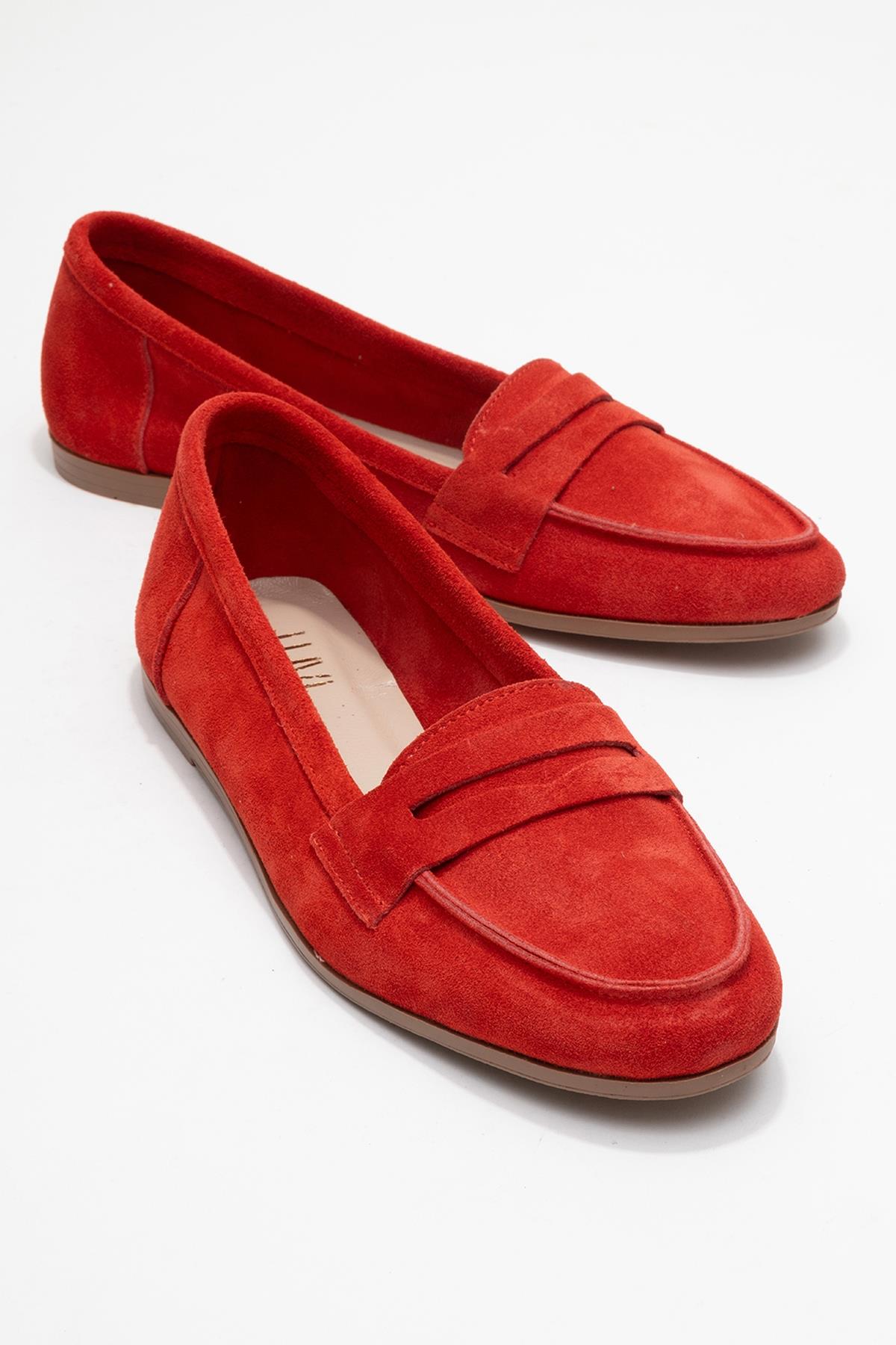 Dorothy - Red Suede Leather Loafers – front three-quarter view showing leather, suede, red, Vowalisse