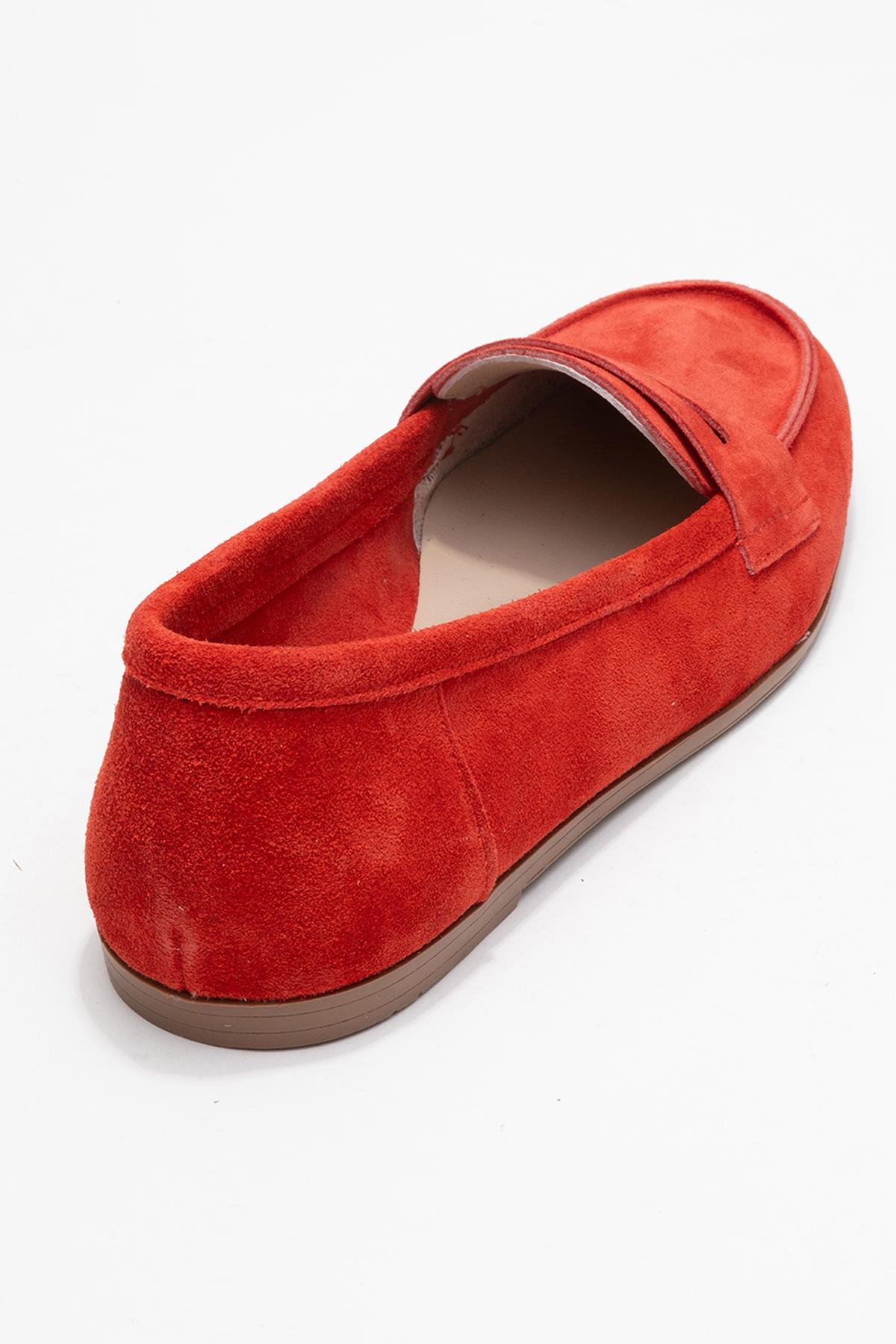 Dorothy - Red Suede Leather Loafers – back view showing leather, suede, red, Vowalisse