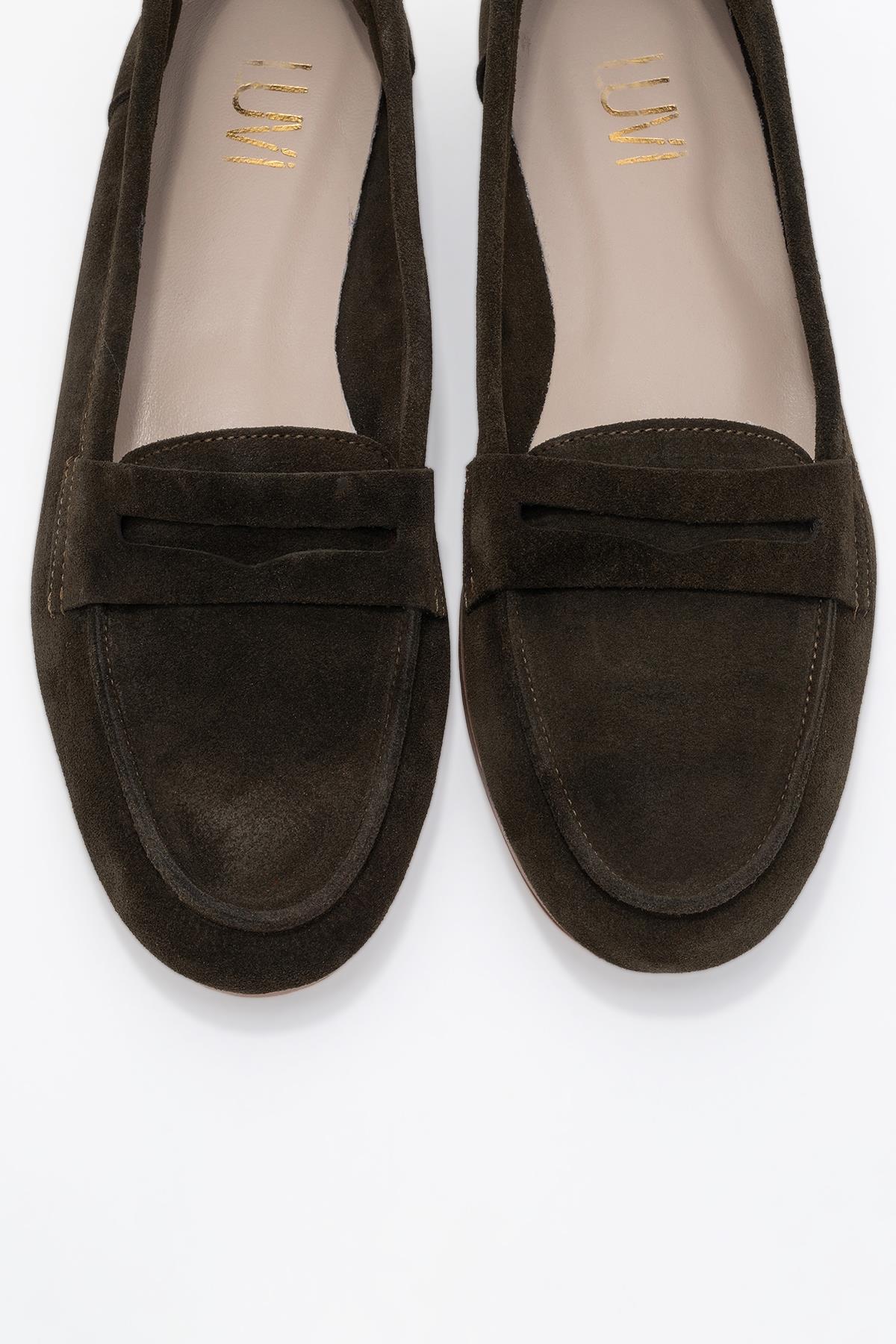 Dorothy - Dark Green Suede Leather Loafers – side view showing leather, suede, green, Vowalisse
