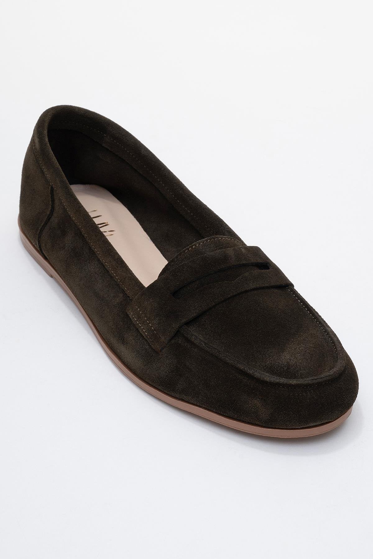 Dorothy - Dark Green Suede Leather Loafers – detail view showing leather, suede, green, Vowalisse