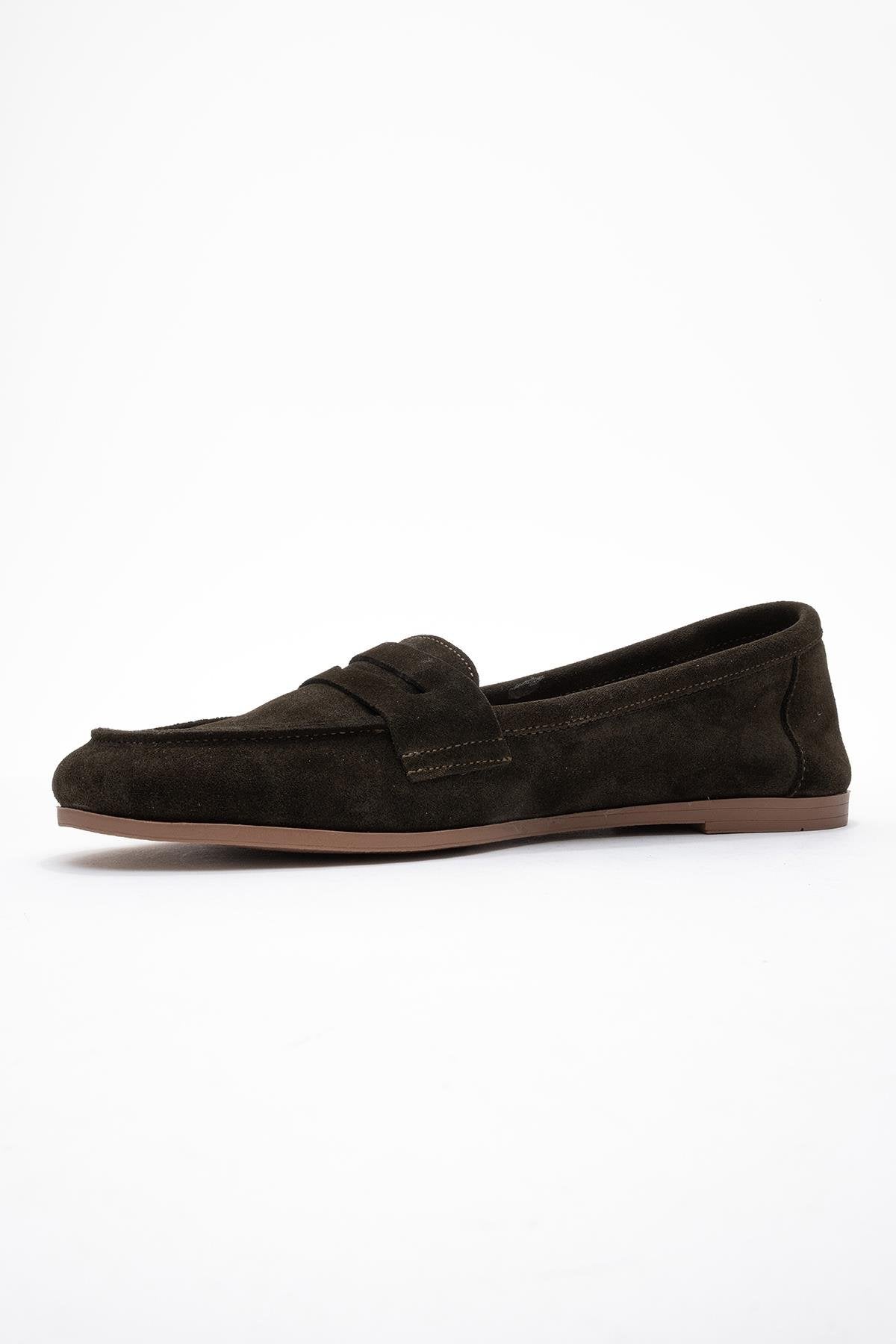 Dorothy - Dark Green Suede Leather Loafers – heel view showing leather, suede, green, Vowalisse