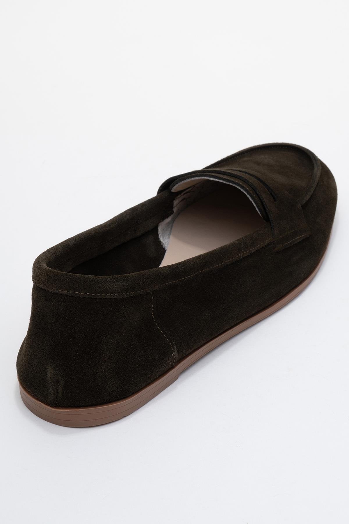 Dorothy - Dark Green Suede Leather Loafers – back view showing leather, suede, green, Vowalisse