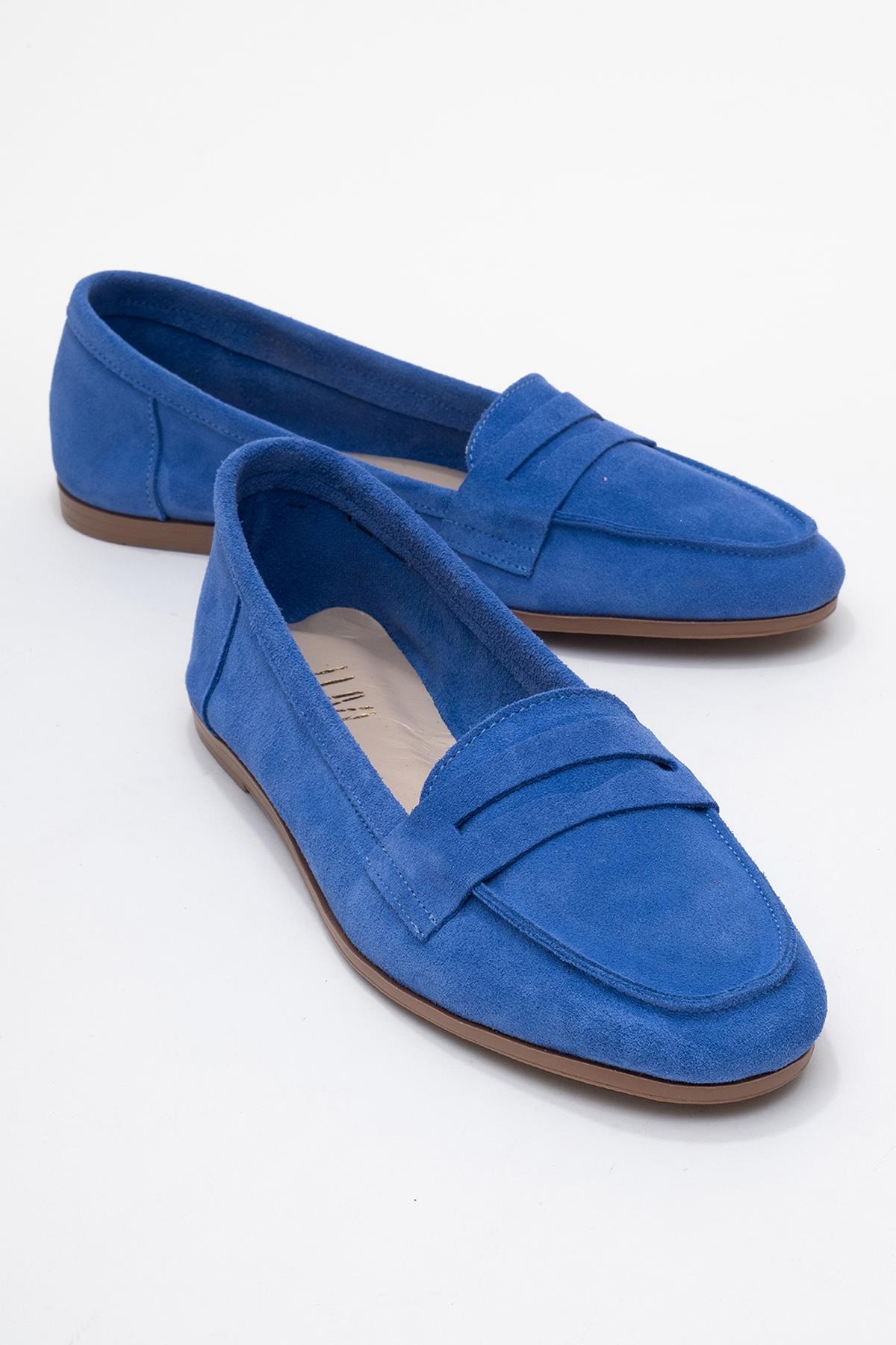 Dorothy - Blue Suede Leather Loafers – front three-quarter view showing leather, suede, blue, Vowalisse