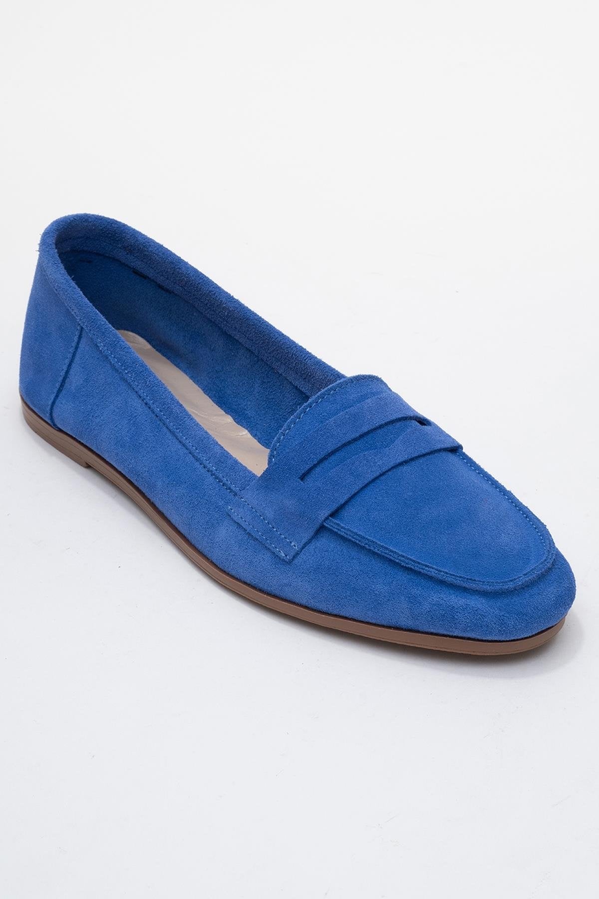 Dorothy - Blue Suede Leather Loafers – detail view showing leather, suede, blue, Vowalisse