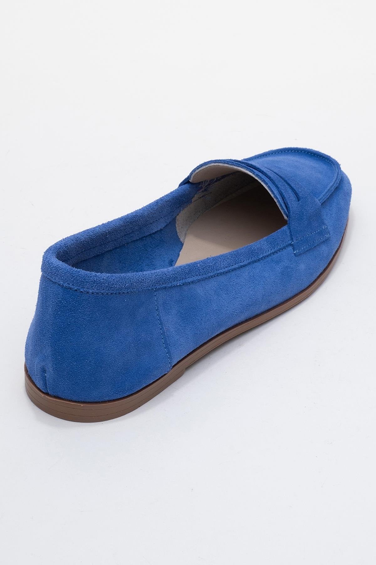 Dorothy - Blue Suede Leather Loafers – back view showing leather, suede, blue, Vowalisse