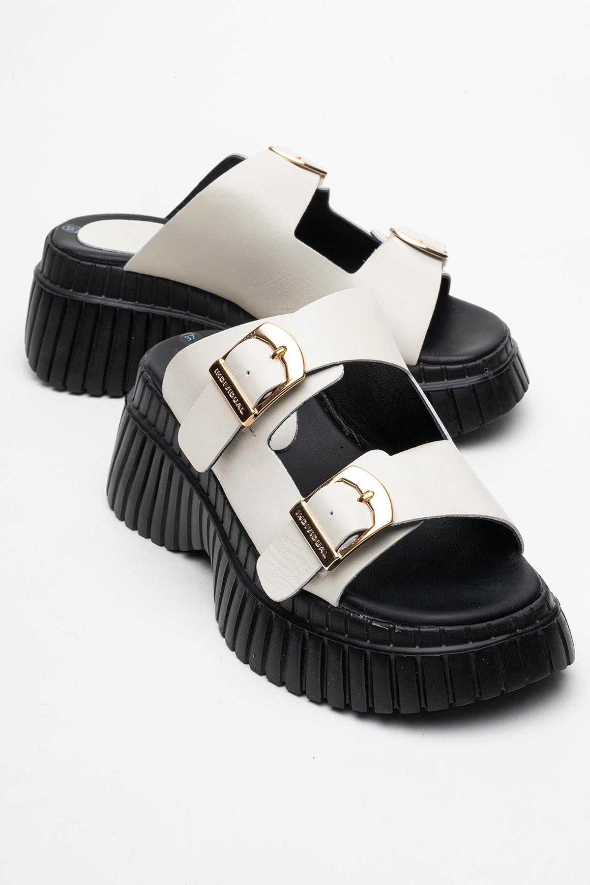Joanes - Ecru Genuine Leather Double-Strap Wedge Sandal – front three-quarter view showing leather, Vowalisse
