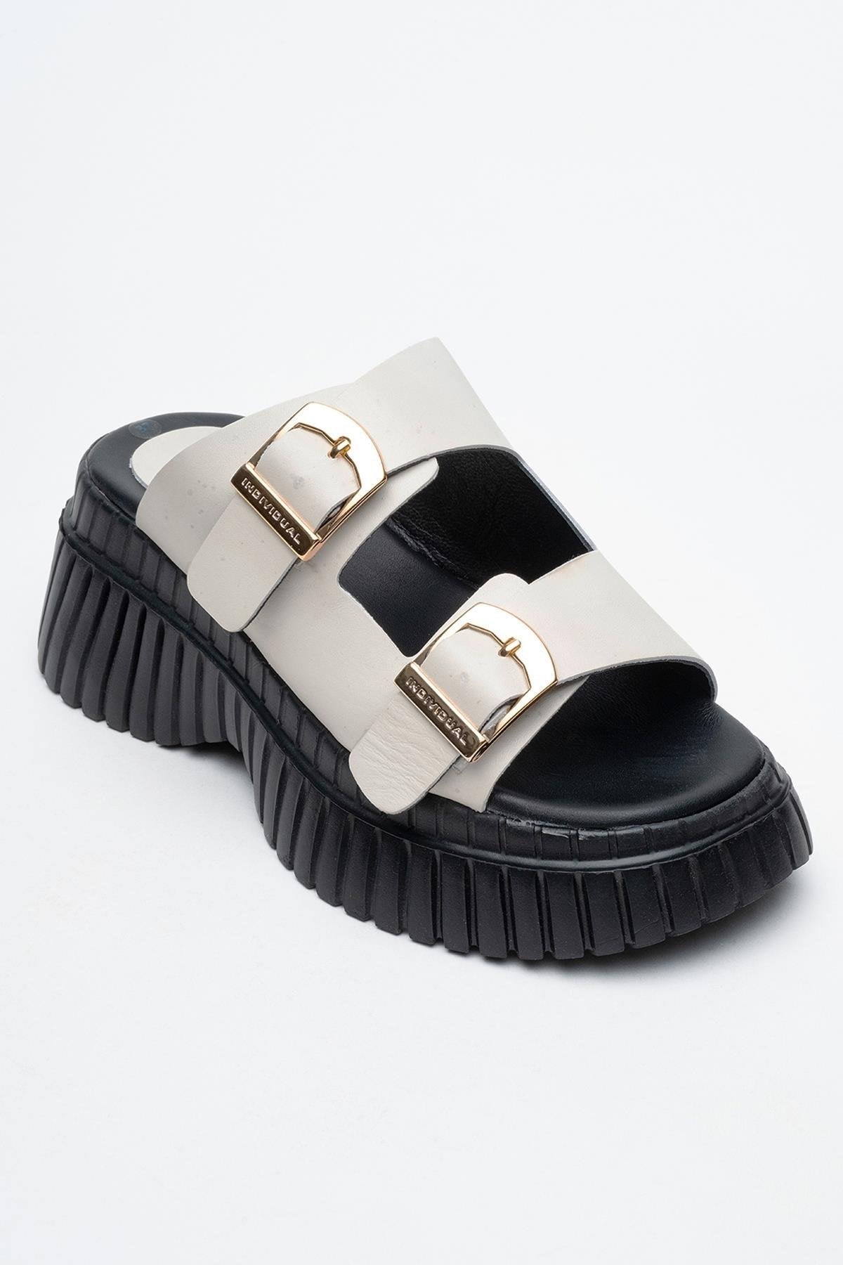 Joanes - Ecru Genuine Leather Double-Strap Wedge Sandal – detail view showing leather, Vowalisse