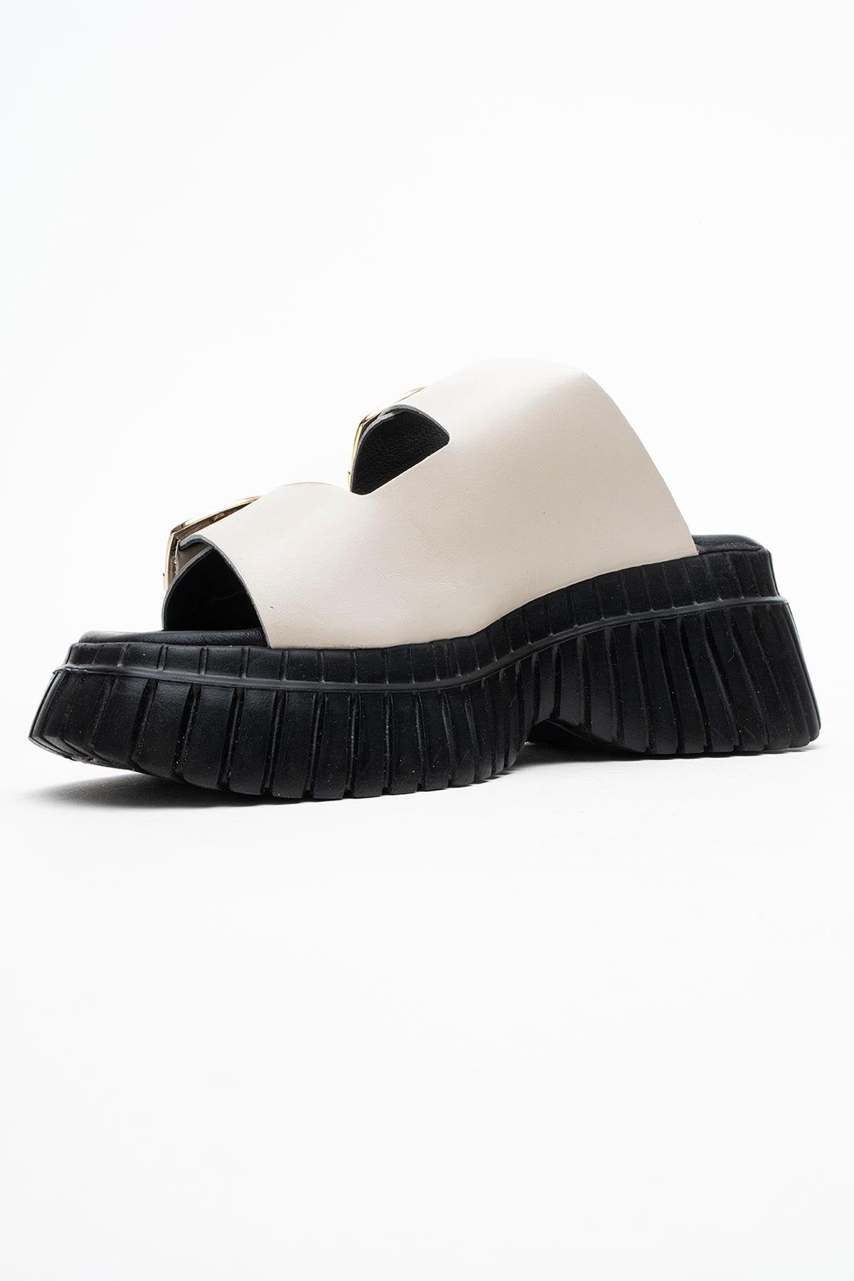 Joanes - Ecru Genuine Leather Double-Strap Wedge Sandal – heel view showing leather, Vowalisse