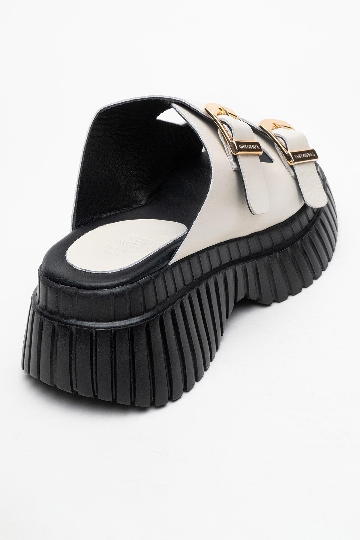 Joanes - Ecru Genuine Leather Double-Strap Wedge Sandal – back view showing leather, Vowalisse