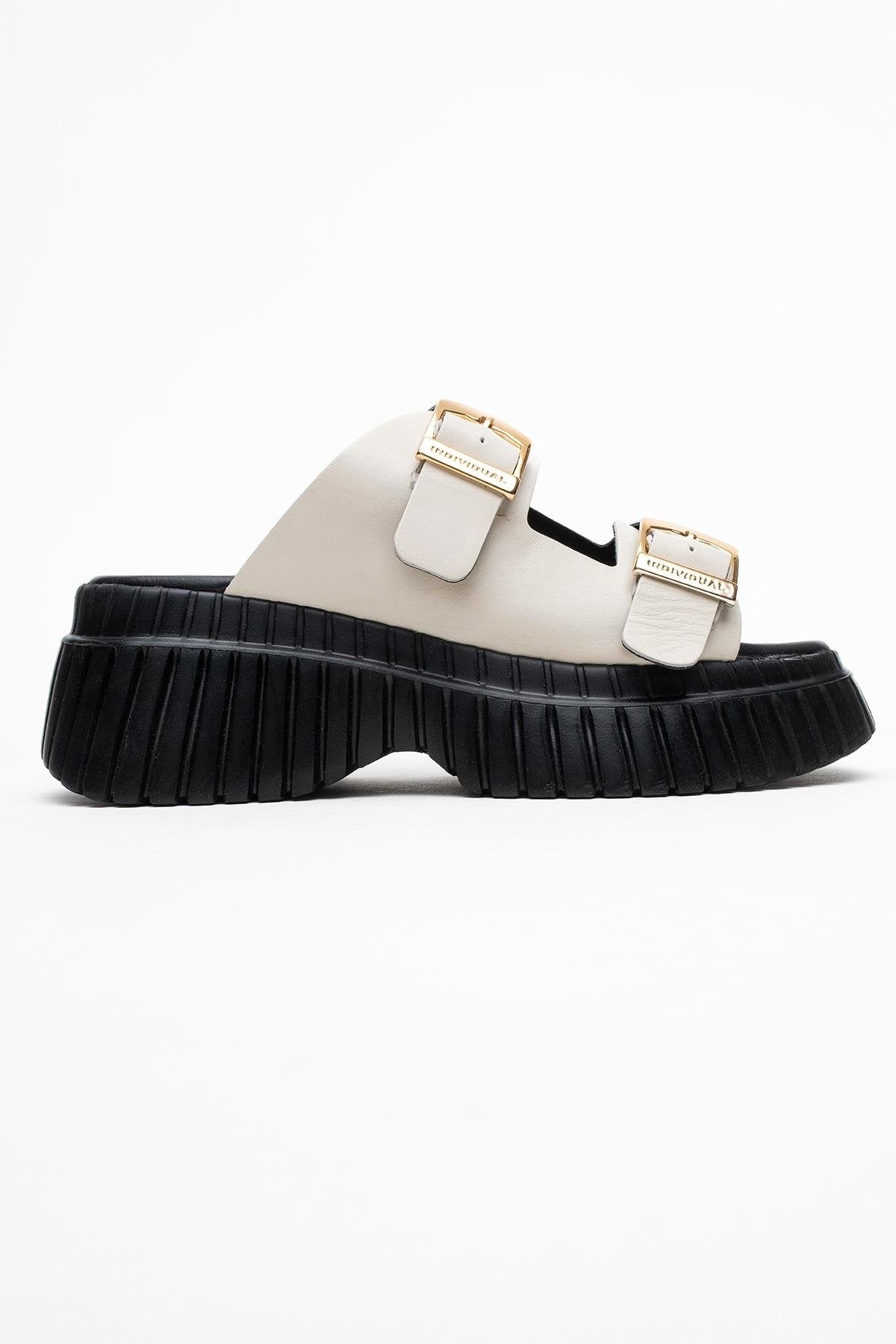 Joanes - Ecru Genuine Leather Double-Strap Wedge Sandal – top view showing leather, Vowalisse