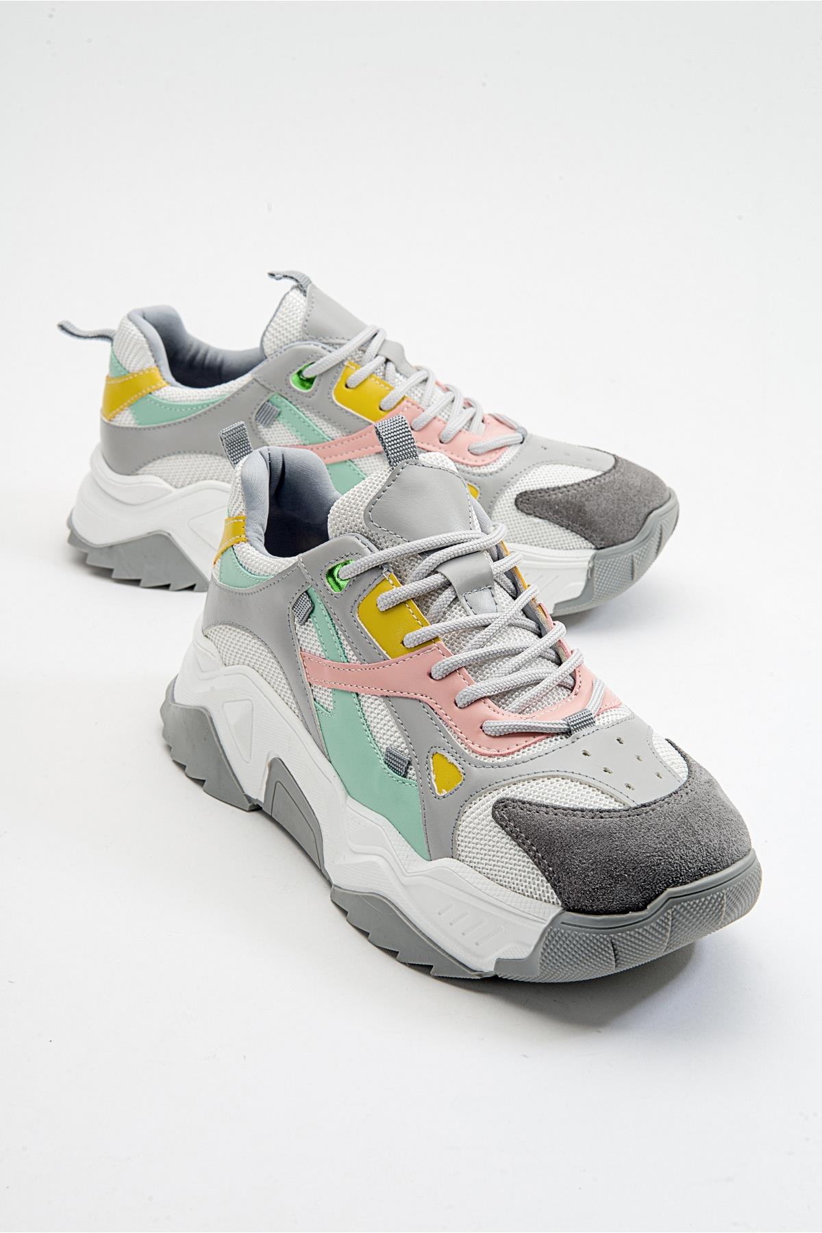 Loretta - White Multi Sneaker – front three-quarter view showing leather, white, Vowalisse