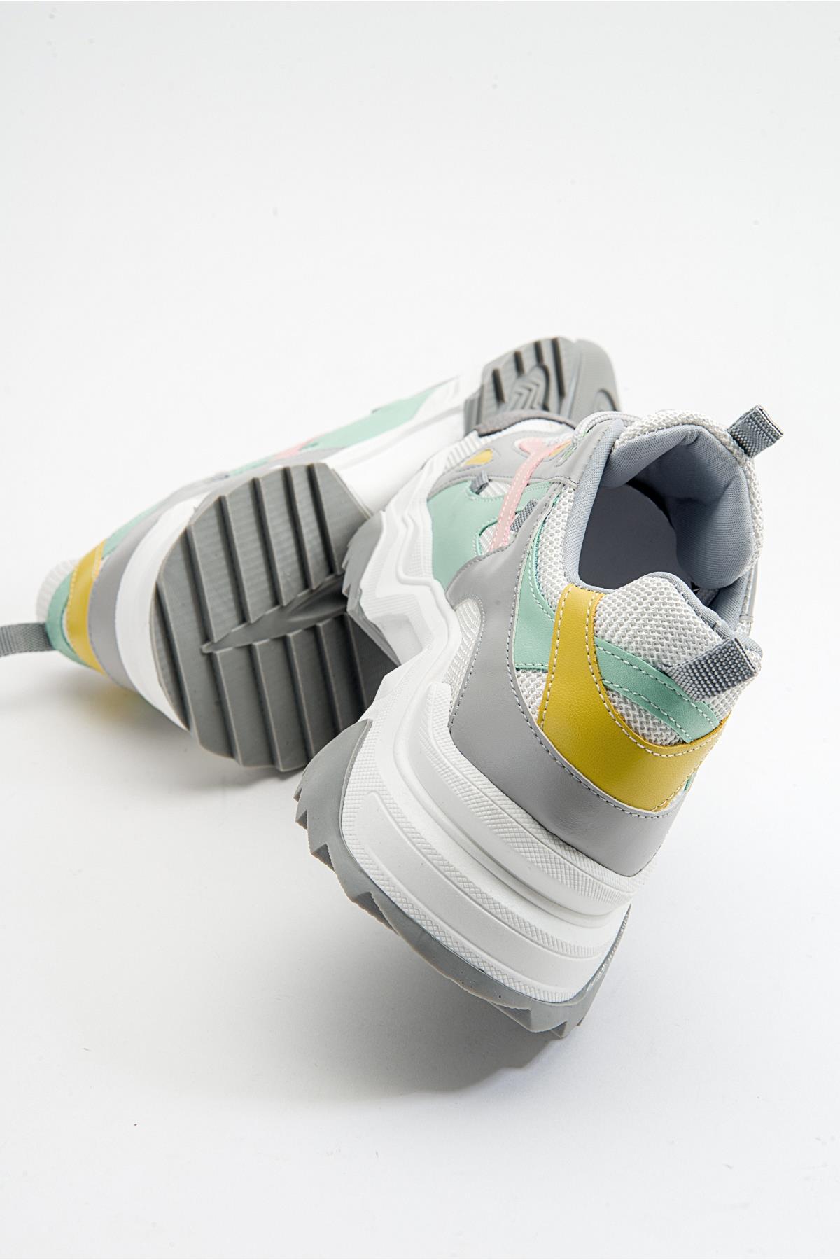 Loretta - White Multi Sneaker – heel view showing leather, white, Vowalisse