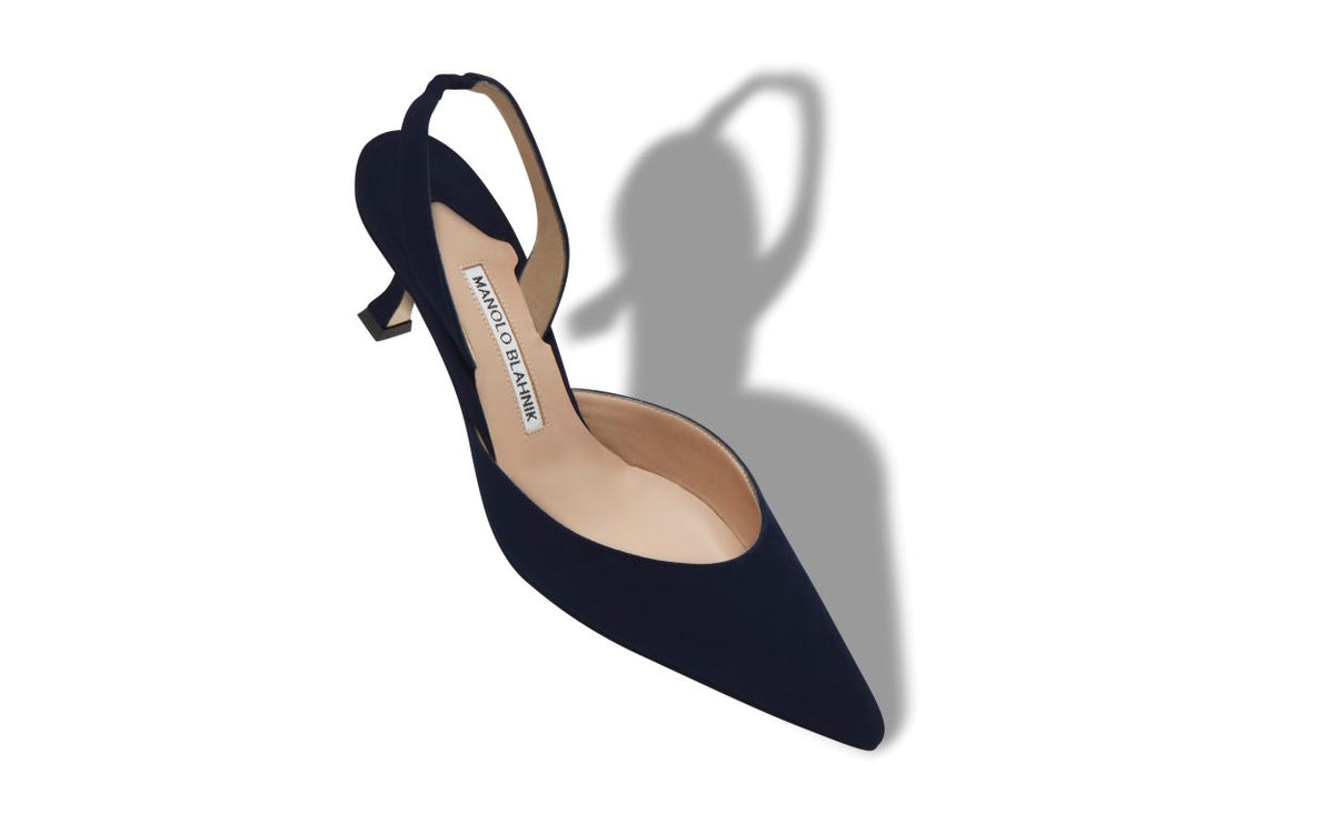 Clarisse Crown Blue Slingback Slingbacks – front three-quarter view showing blue slingback, almond toe, suede, Vowalisse