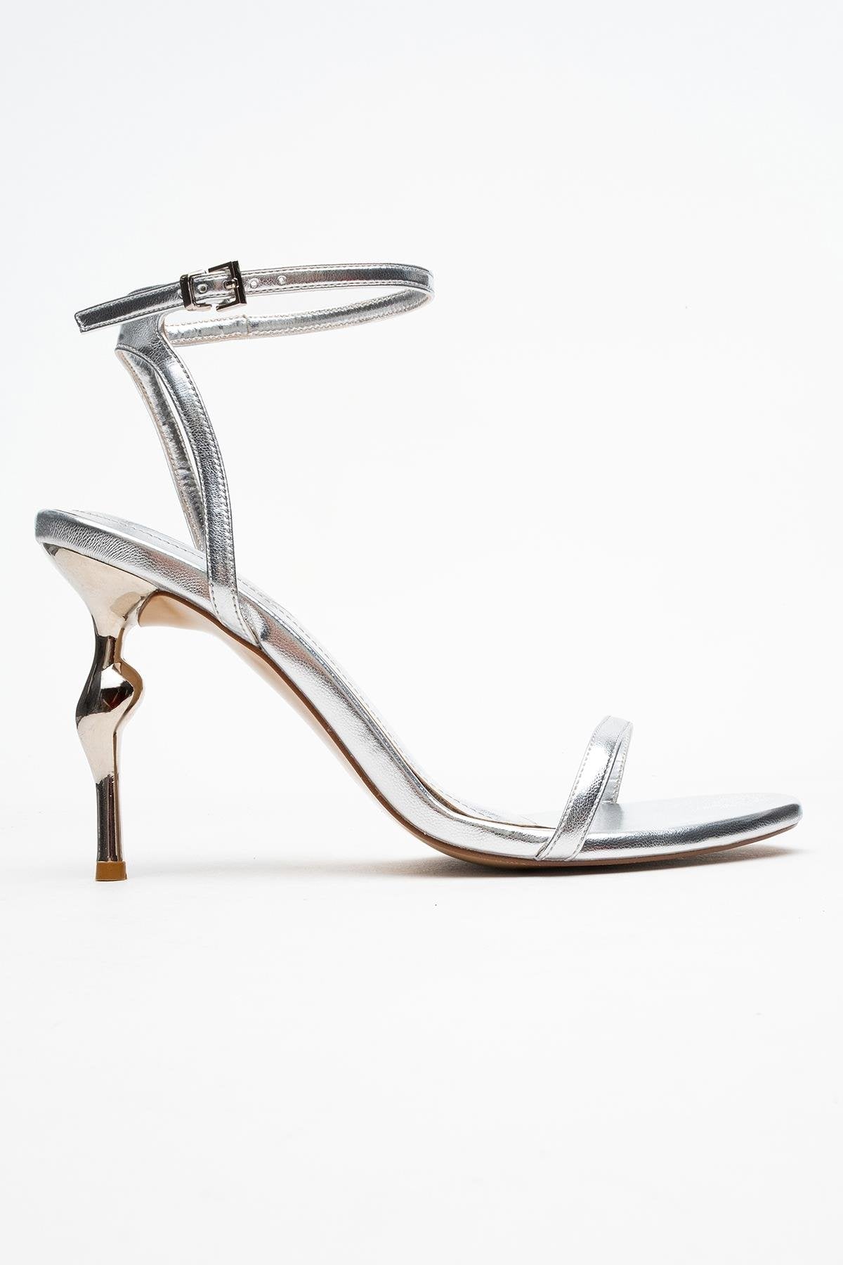 Jasmin - Silver Single-Strap Heeled Shoe – top view showing leather, silver, Vowalisse