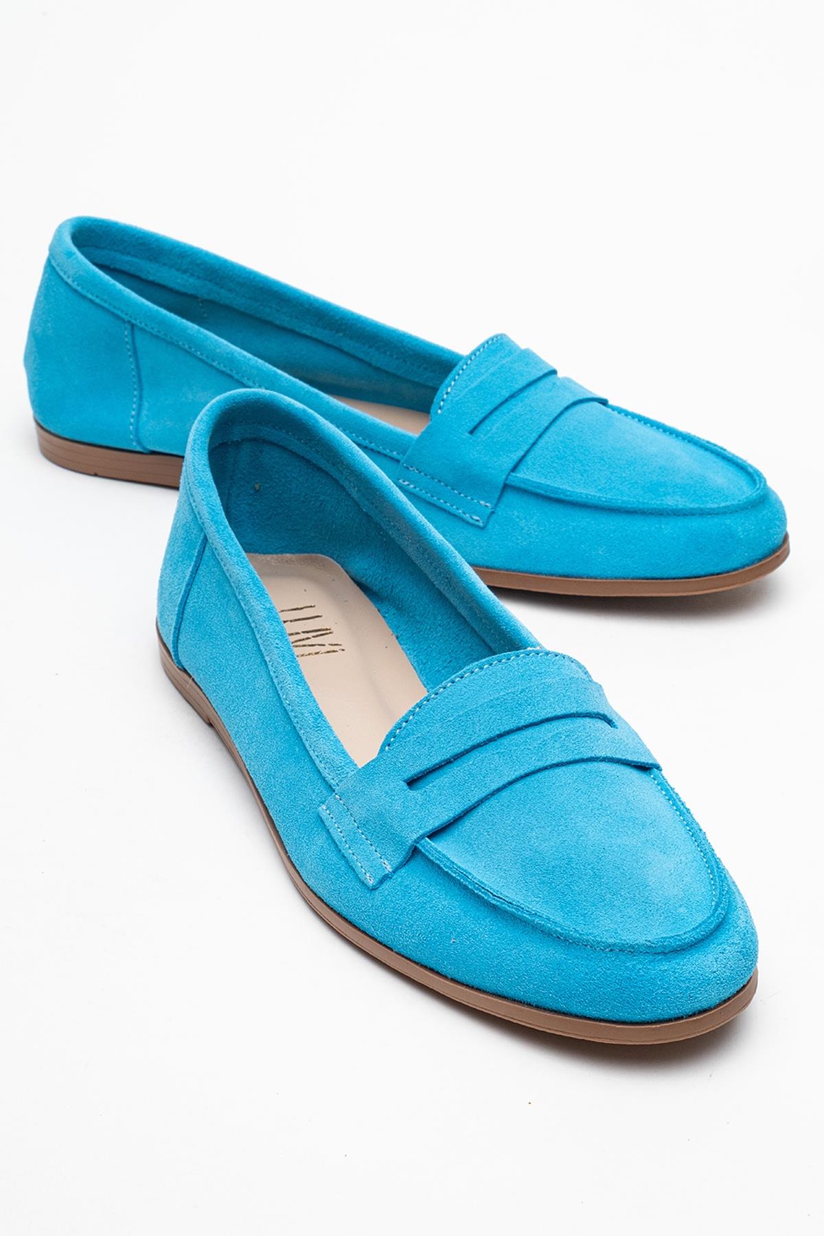 Dorothy - Light Blue Suede Leather Loafers – front three-quarter view showing leather, suede, blue, Vowalisse