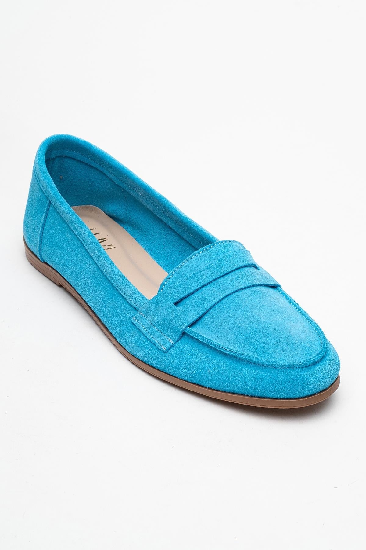 Dorothy - Light Blue Suede Leather Loafers – detail view showing leather, suede, blue, Vowalisse