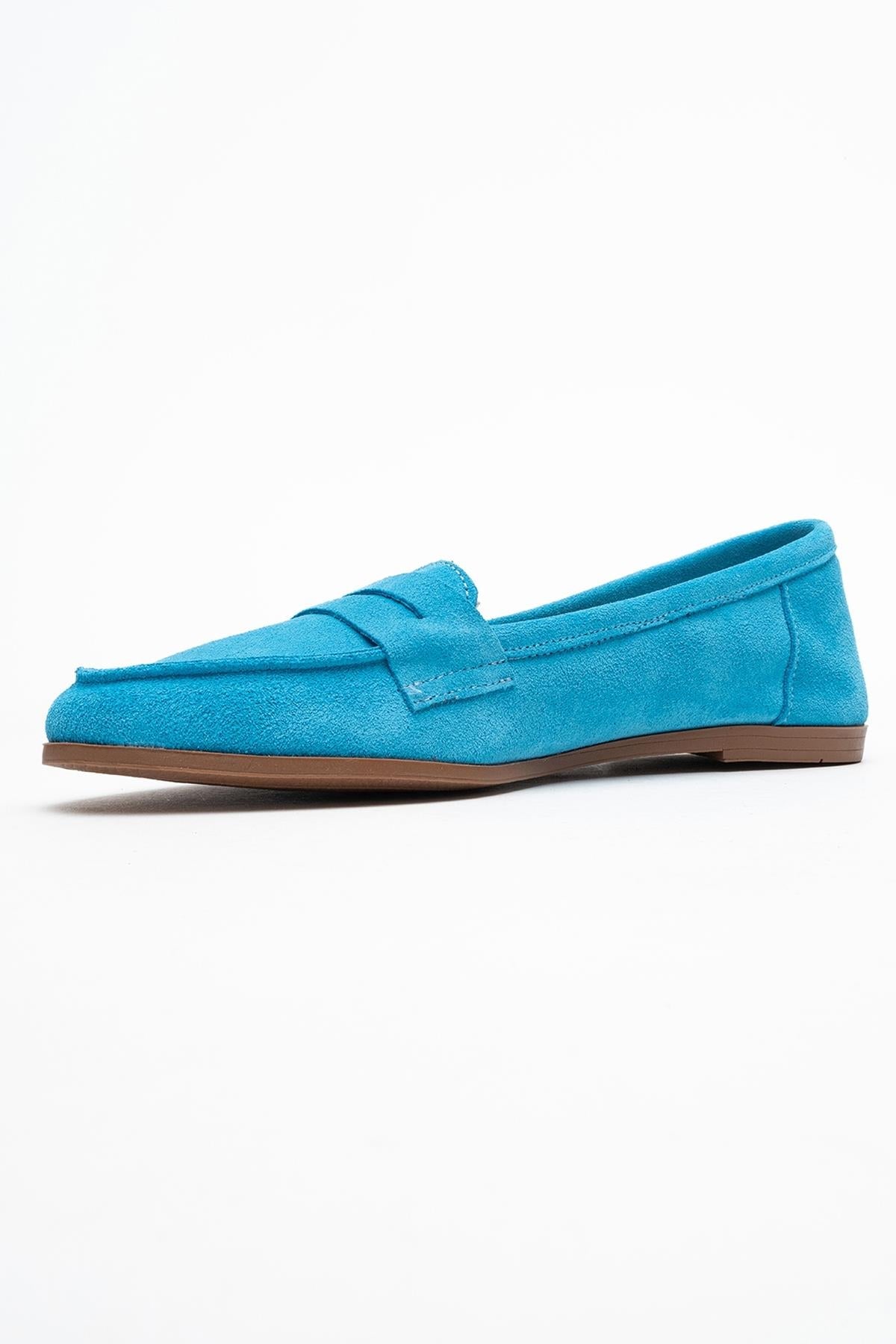 Dorothy - Light Blue Suede Leather Loafers – heel view showing leather, suede, blue, Vowalisse