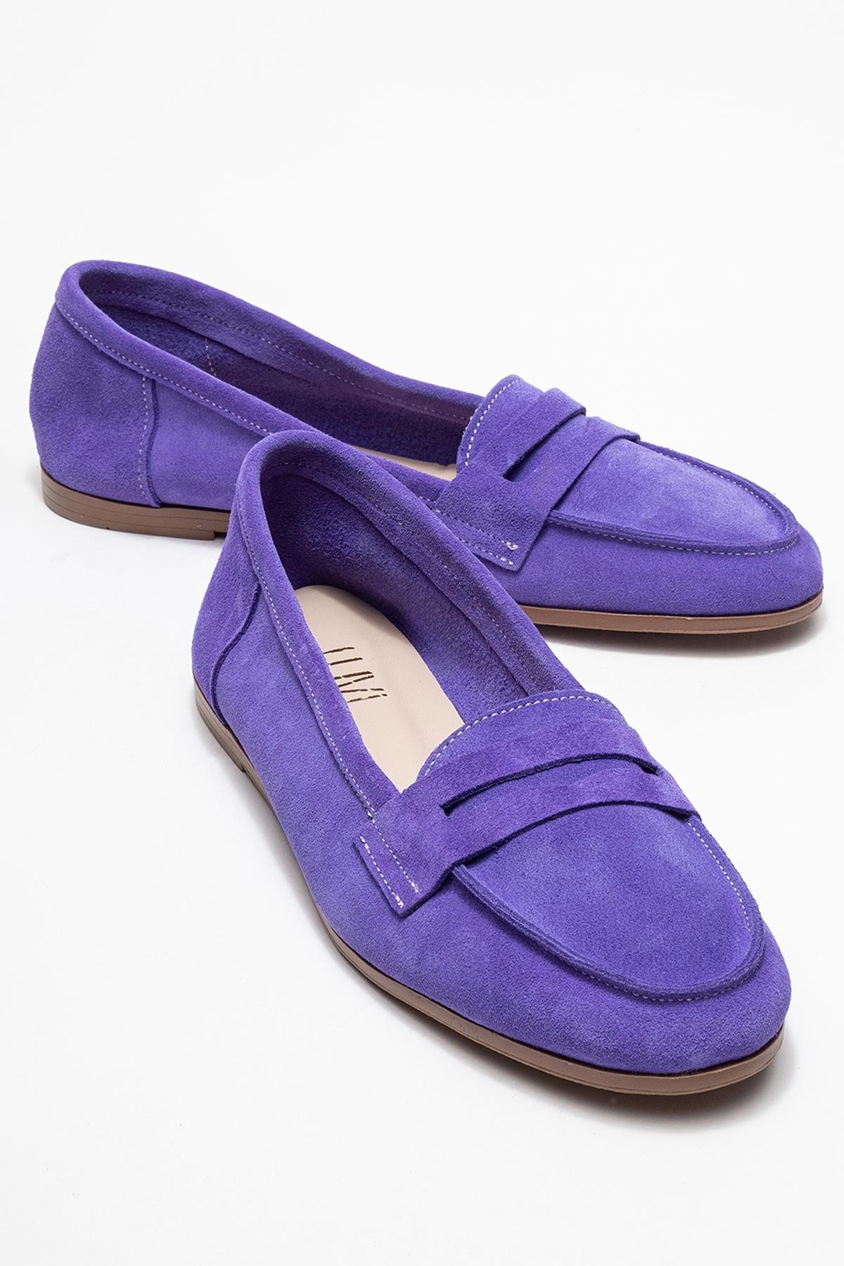 F02 - Lilac Suede Genuine Leather Loafer – front three-quarter view showing leather, suede, Vowalisse