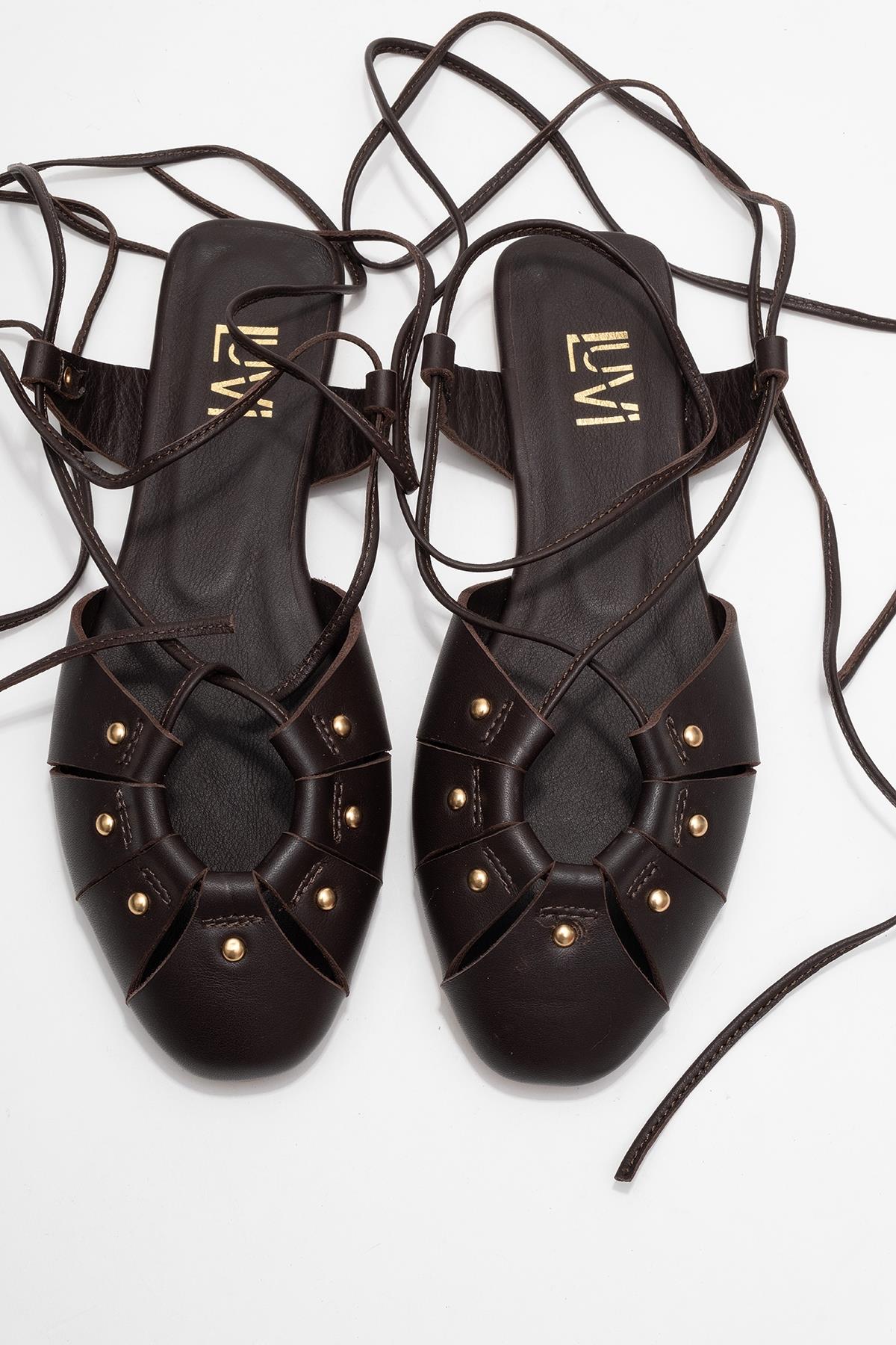 Daria - Brown Genuine Leather Ankle Lace-Up Sandal – side view showing lace, leather, Vowalisse