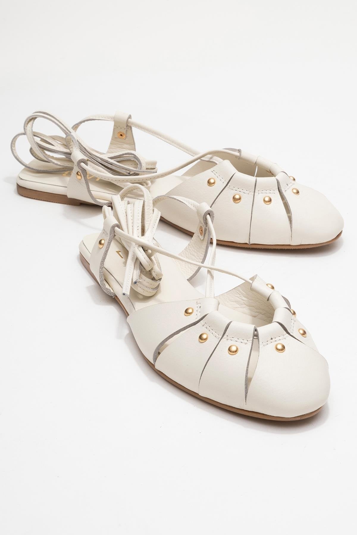 Daria - Off-White Genuine Leather Ankle Lace-Up Sandal – front three-quarter view showing lace, leather, metallic…