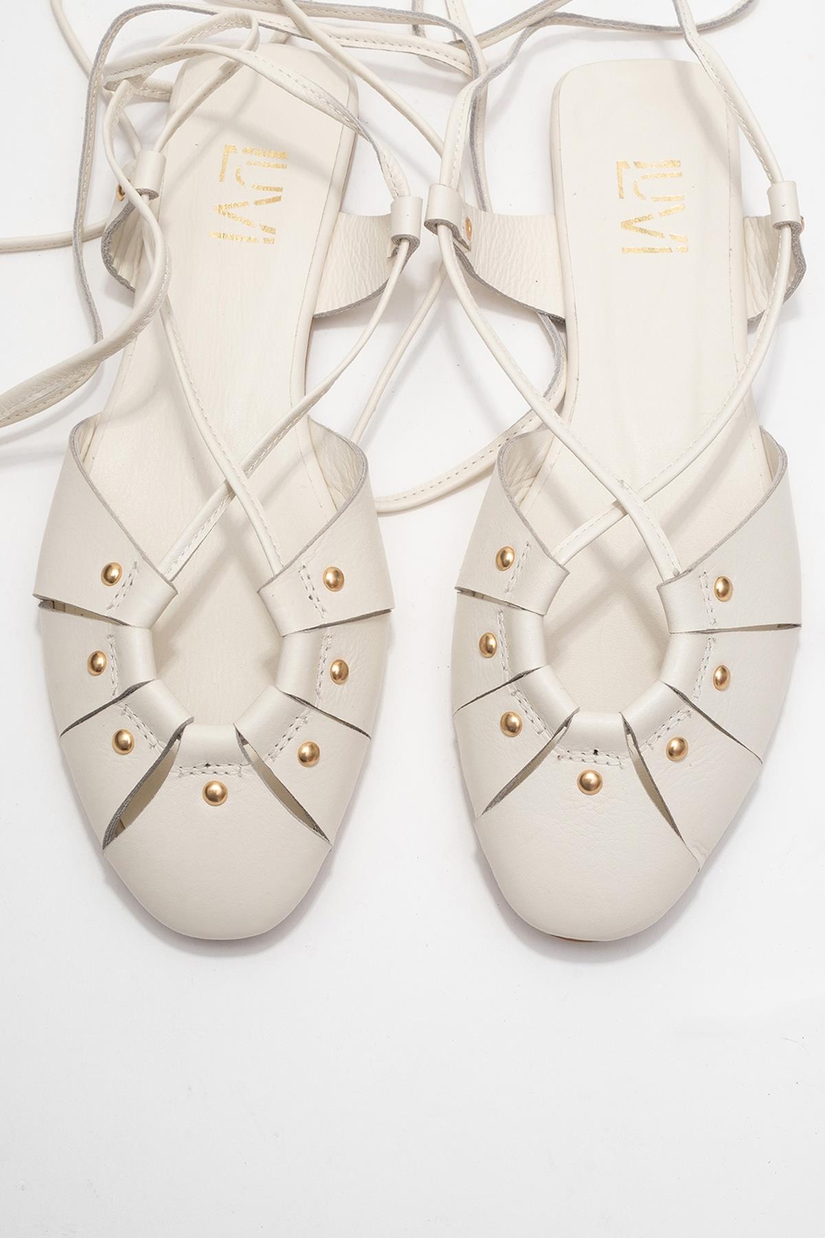 Daria - Off-White Genuine Leather Ankle Lace-Up Sandal – side view showing lace, leather, metallic, Vowalisse