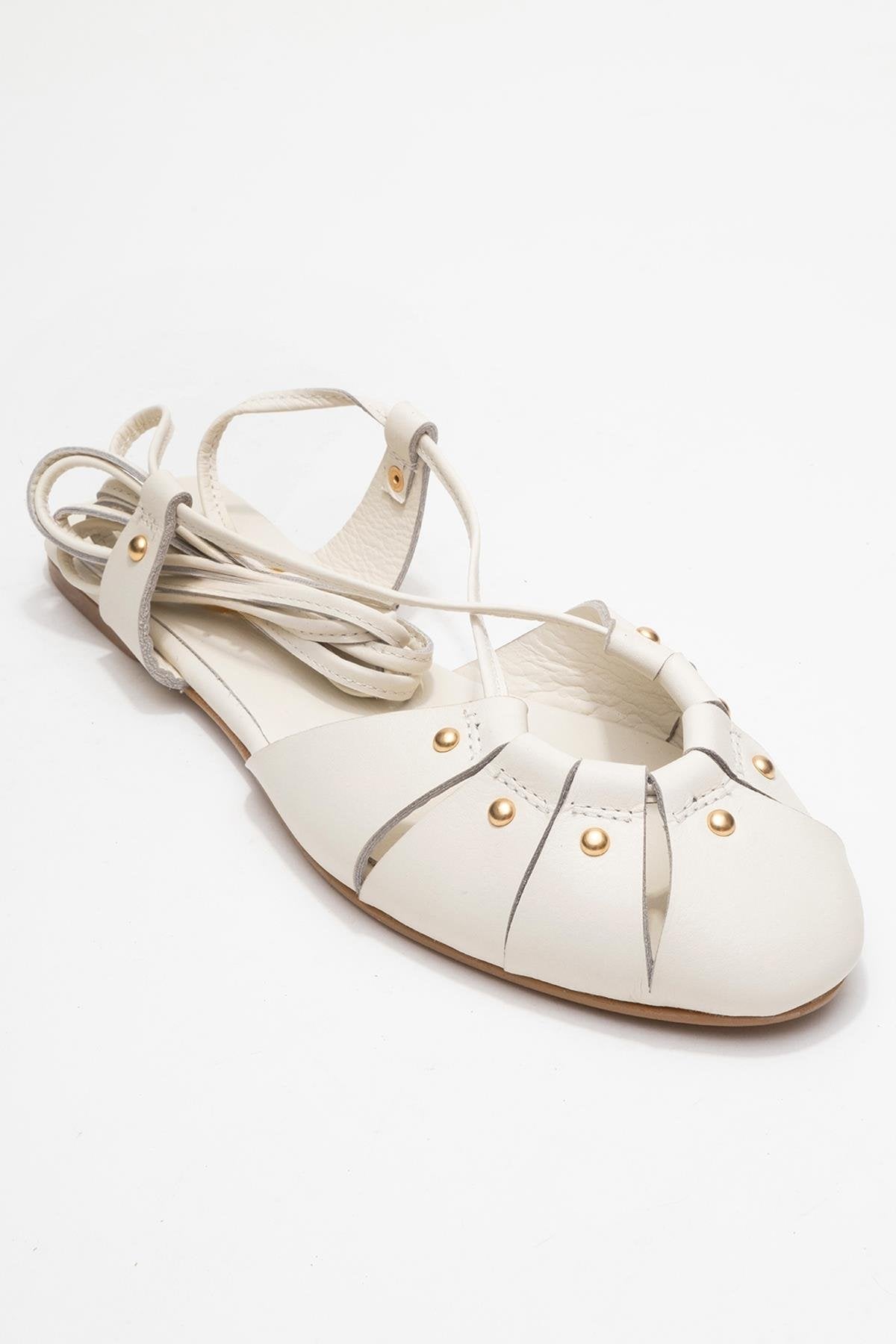Daria - Off-White Genuine Leather Ankle Lace-Up Sandal – detail view showing lace, leather, metallic, Vowalisse