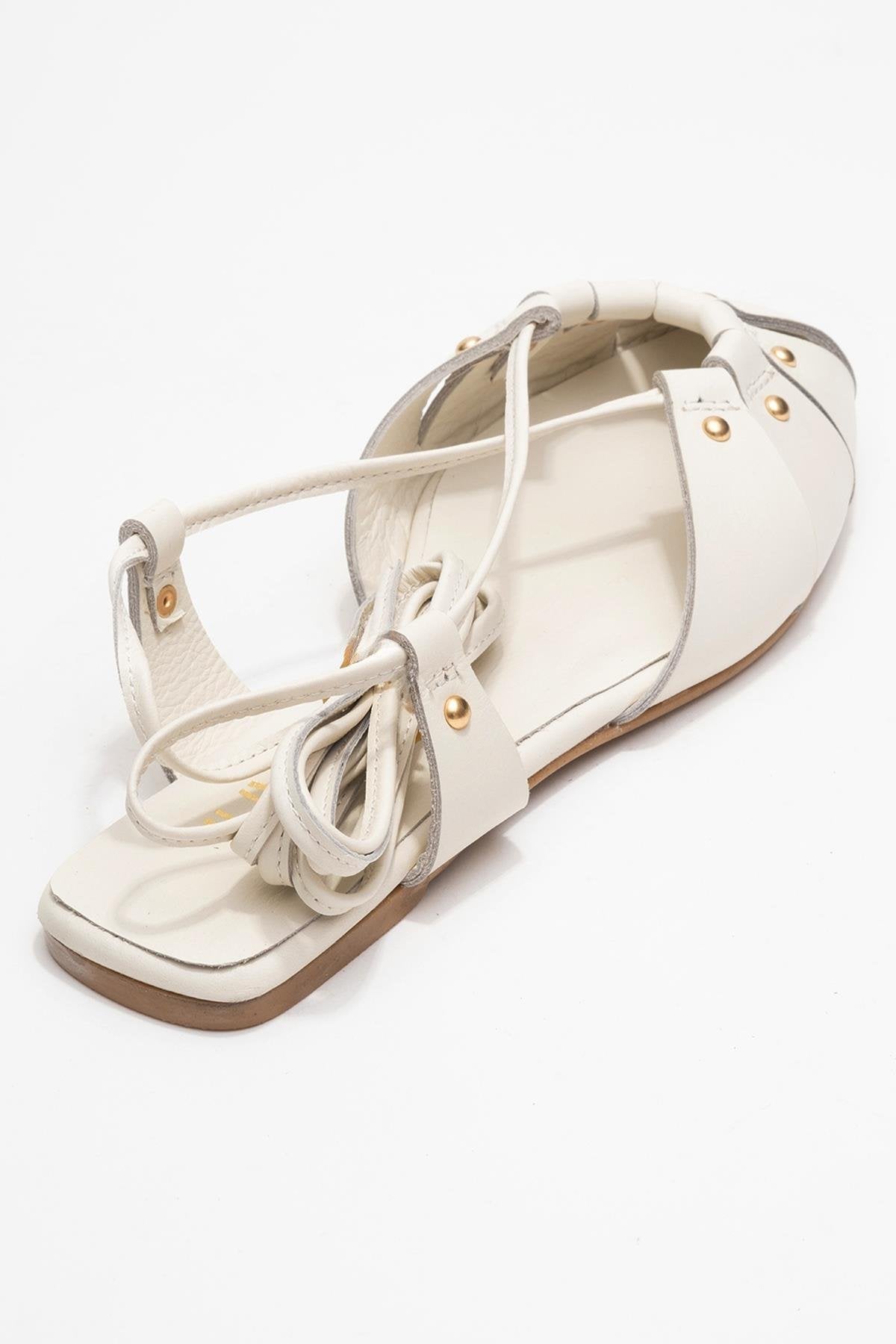 Daria - Off-White Genuine Leather Ankle Lace-Up Sandal – back view showing lace, leather, metallic, Vowalisse
