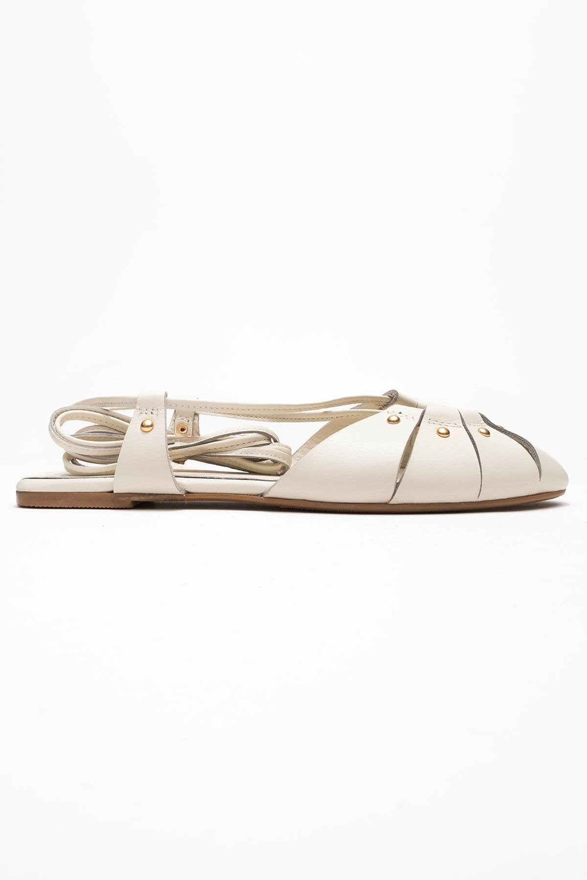 Daria - Off-White Genuine Leather Ankle Lace-Up Sandal – top view showing lace, leather, metallic, Vowalisse