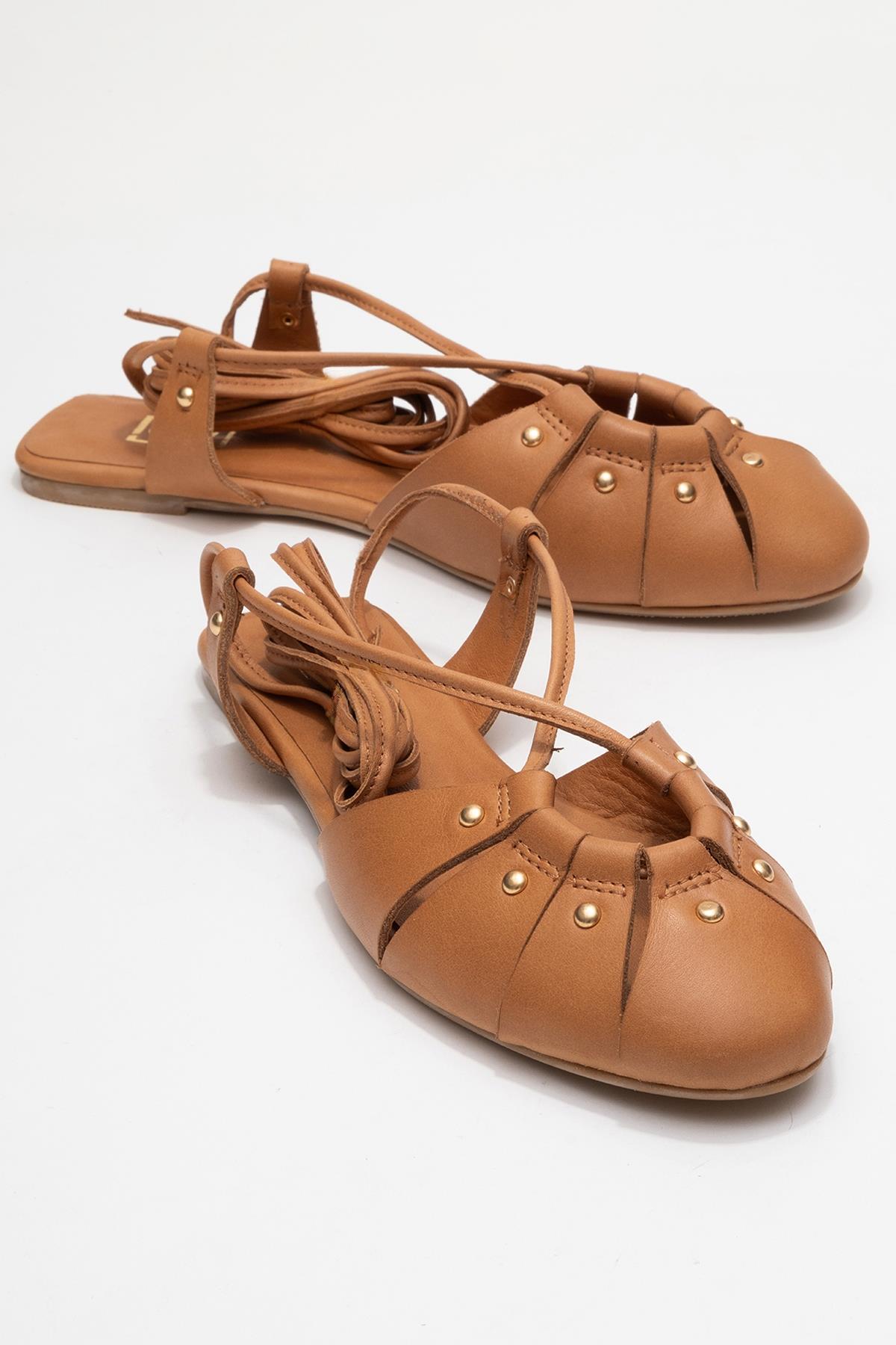 Daria - Cognac Genuine Leather Ankle Lace-Up Sandal – front three-quarter view showing lace, leather, Vowalisse