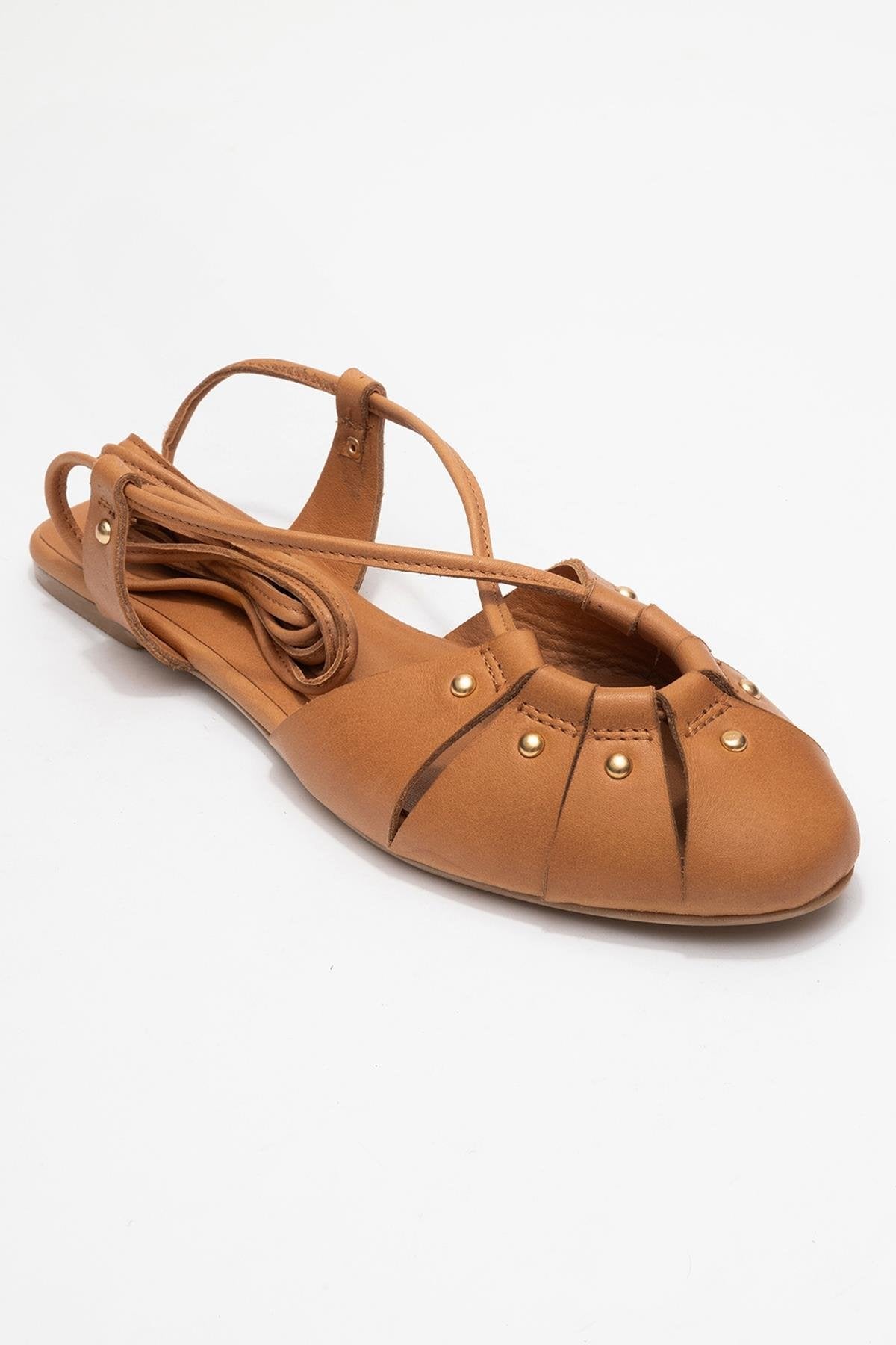 Daria - Cognac Genuine Leather Ankle Lace-Up Sandal – detail view showing lace, leather, Vowalisse