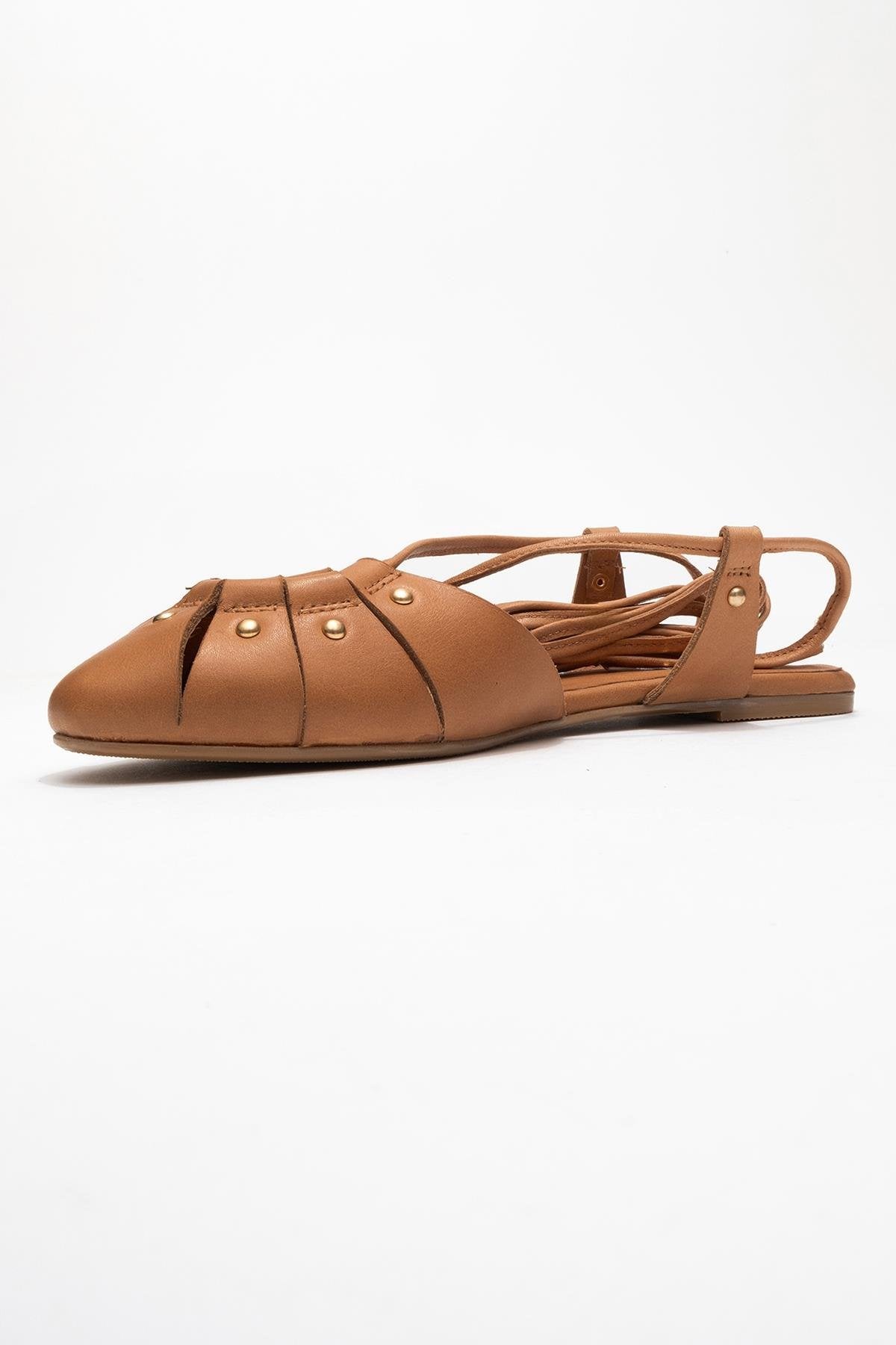 Daria - Cognac Genuine Leather Ankle Lace-Up Sandal – heel view showing lace, leather, Vowalisse