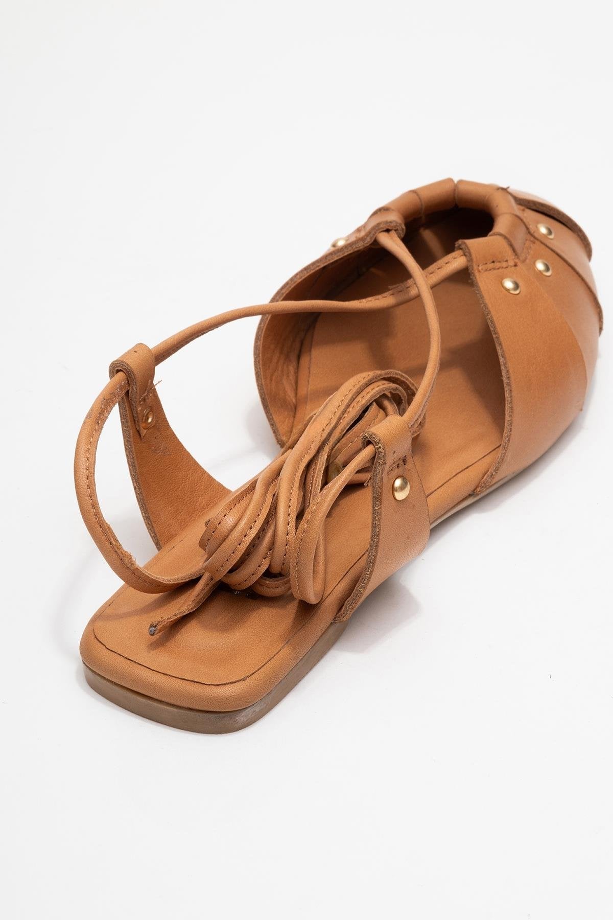 Daria - Cognac Genuine Leather Ankle Lace-Up Sandal – back view showing lace, leather, Vowalisse