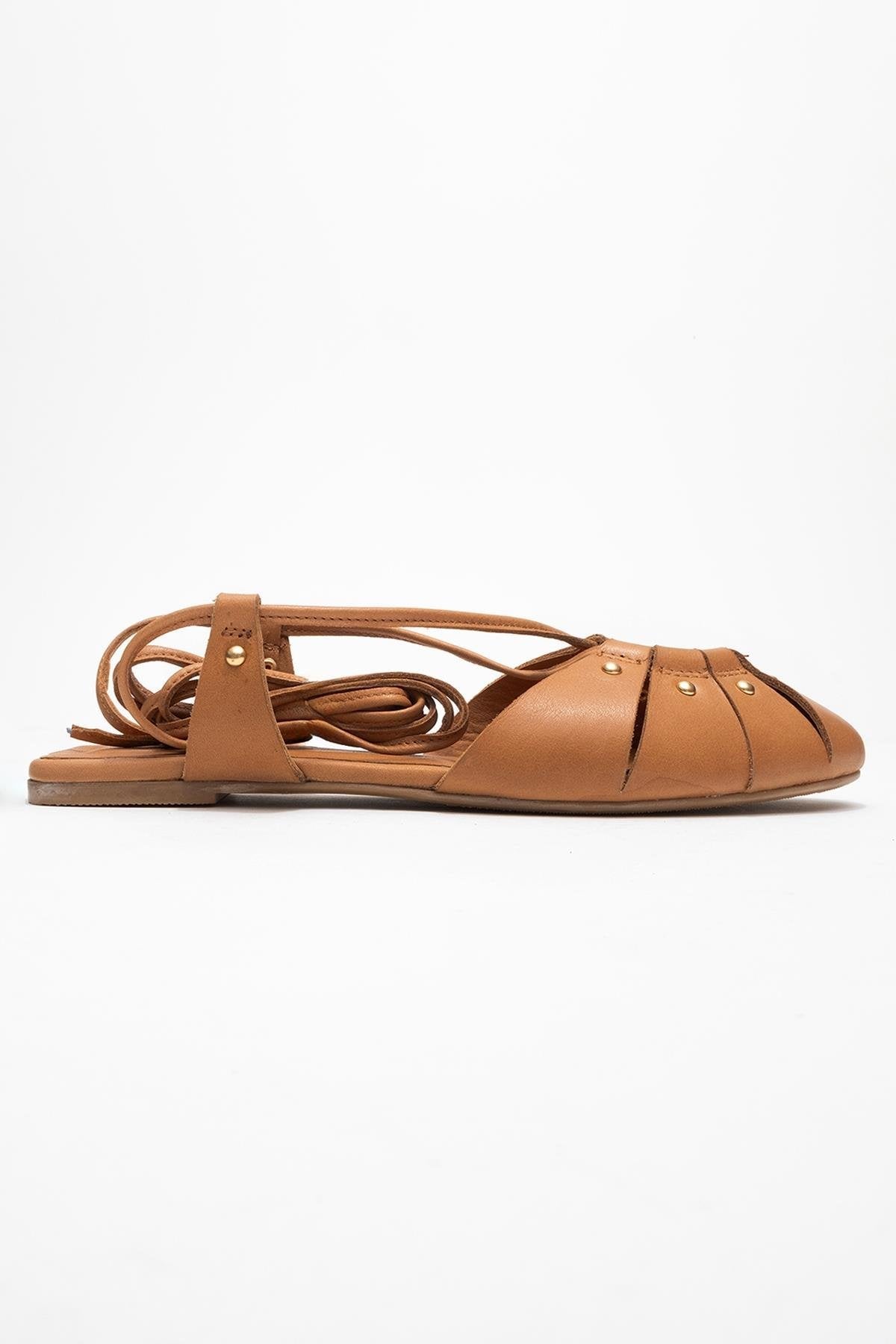 Daria - Cognac Genuine Leather Ankle Lace-Up Sandal – top view showing lace, leather, Vowalisse