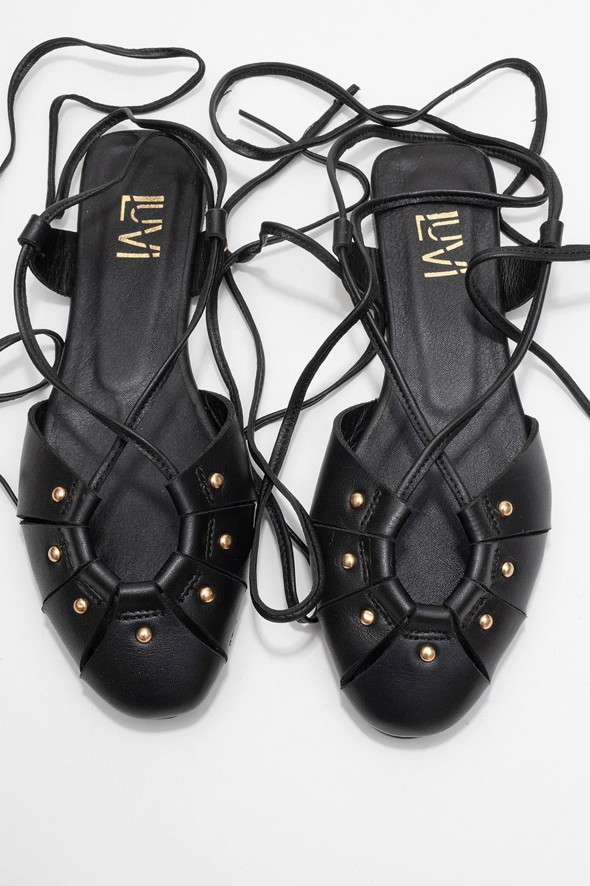 Daria - Black Genuine Leather Studded Ankle-Lace Sandal – side view showing lace, leather, metallic, Vowalisse