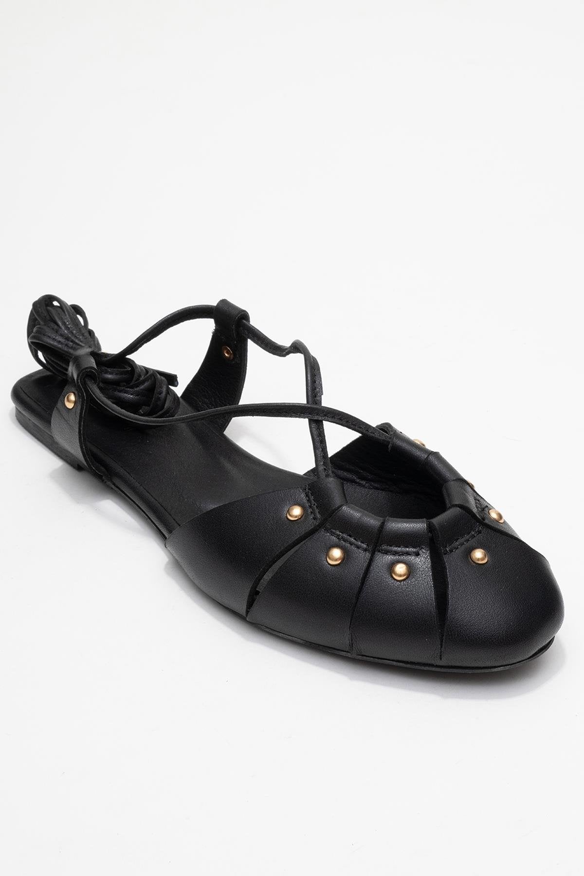 Daria - Black Genuine Leather Studded Ankle-Lace Sandal – detail view showing lace, leather, metallic, Vowalisse