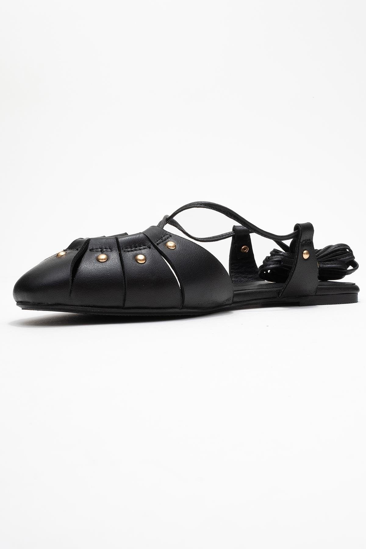 Daria - Black Genuine Leather Studded Ankle-Lace Sandal – heel view showing lace, leather, metallic, Vowalisse