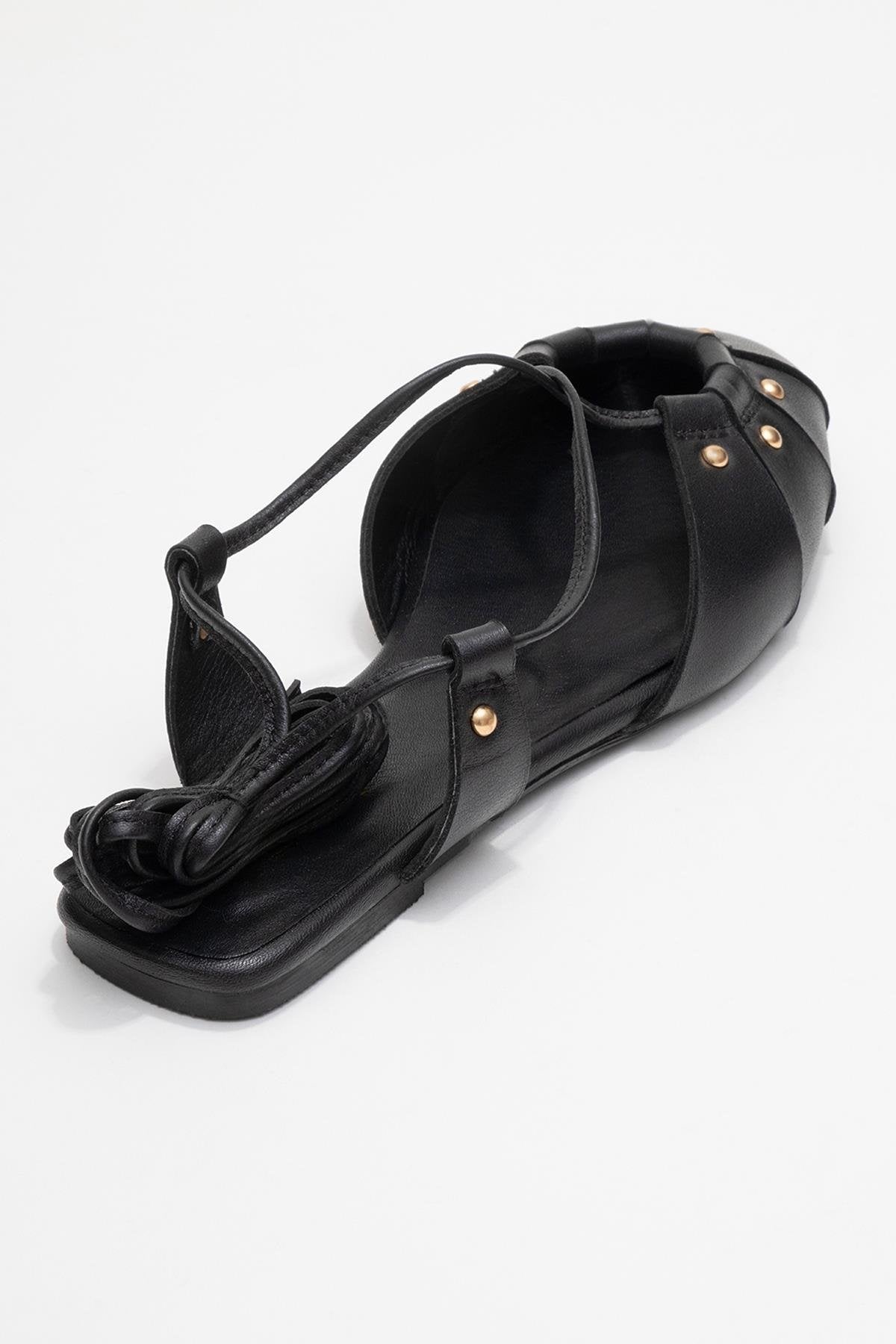 Daria - Black Genuine Leather Studded Ankle-Lace Sandal – back view showing lace, leather, metallic, Vowalisse