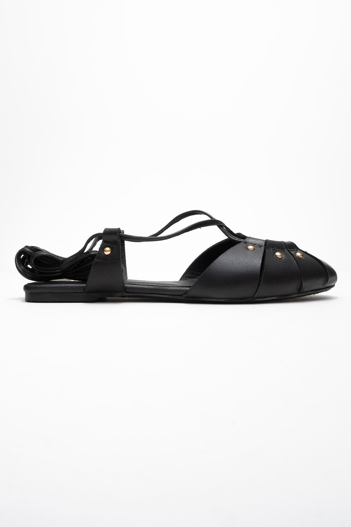 Daria - Black Genuine Leather Studded Ankle-Lace Sandal – top view showing lace, leather, metallic, Vowalisse