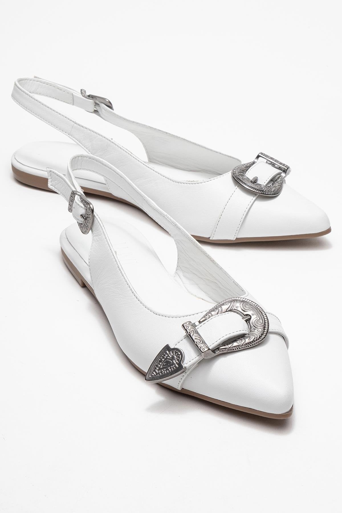 Dorothy - White Genuine Leather Pointed-Toe Buckle Sandal – front three-quarter view showing leather, white, red, Vowalisse