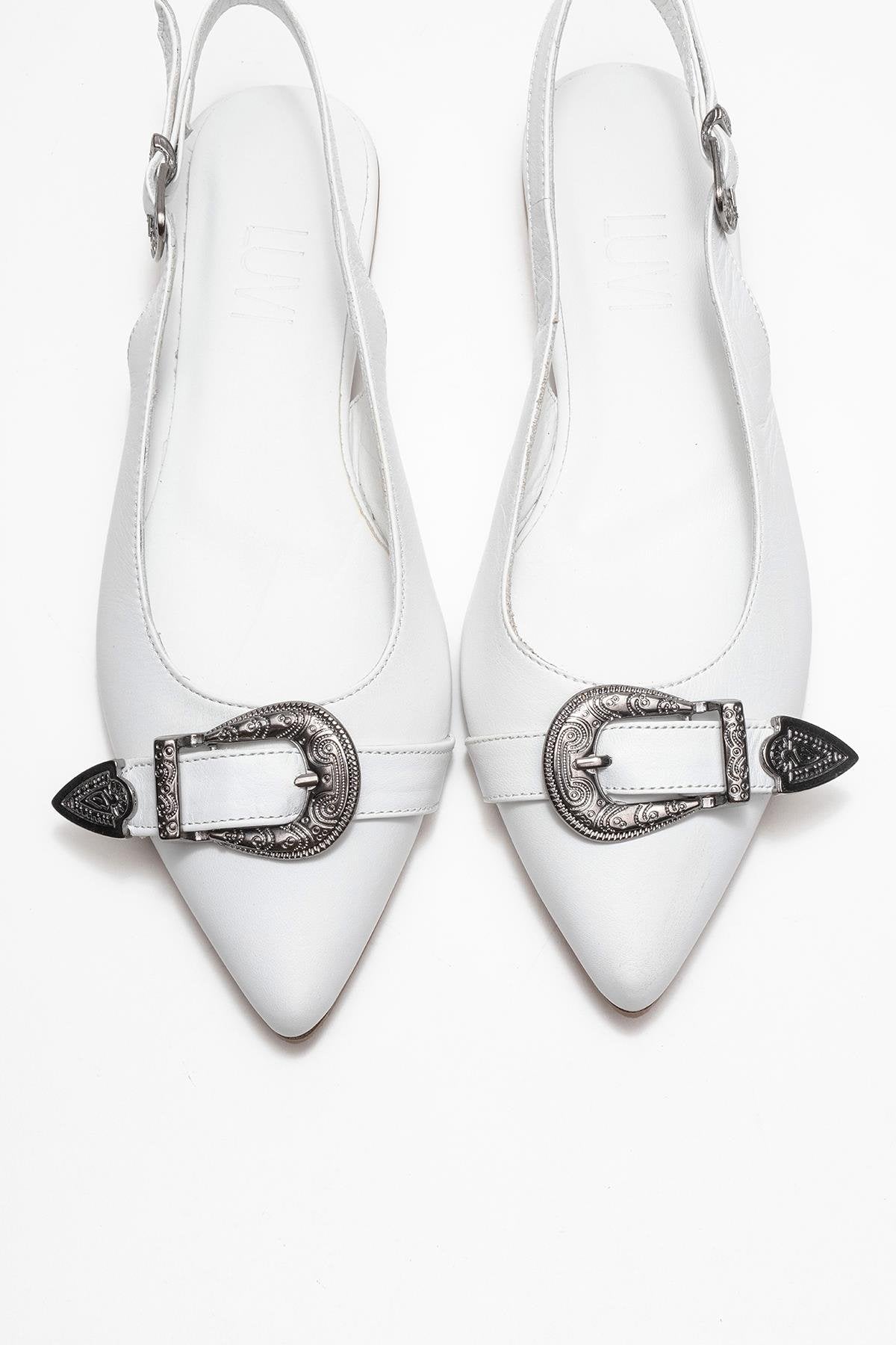Dorothy - White Genuine Leather Pointed-Toe Buckle Sandal – side view showing leather, white, red, Vowalisse