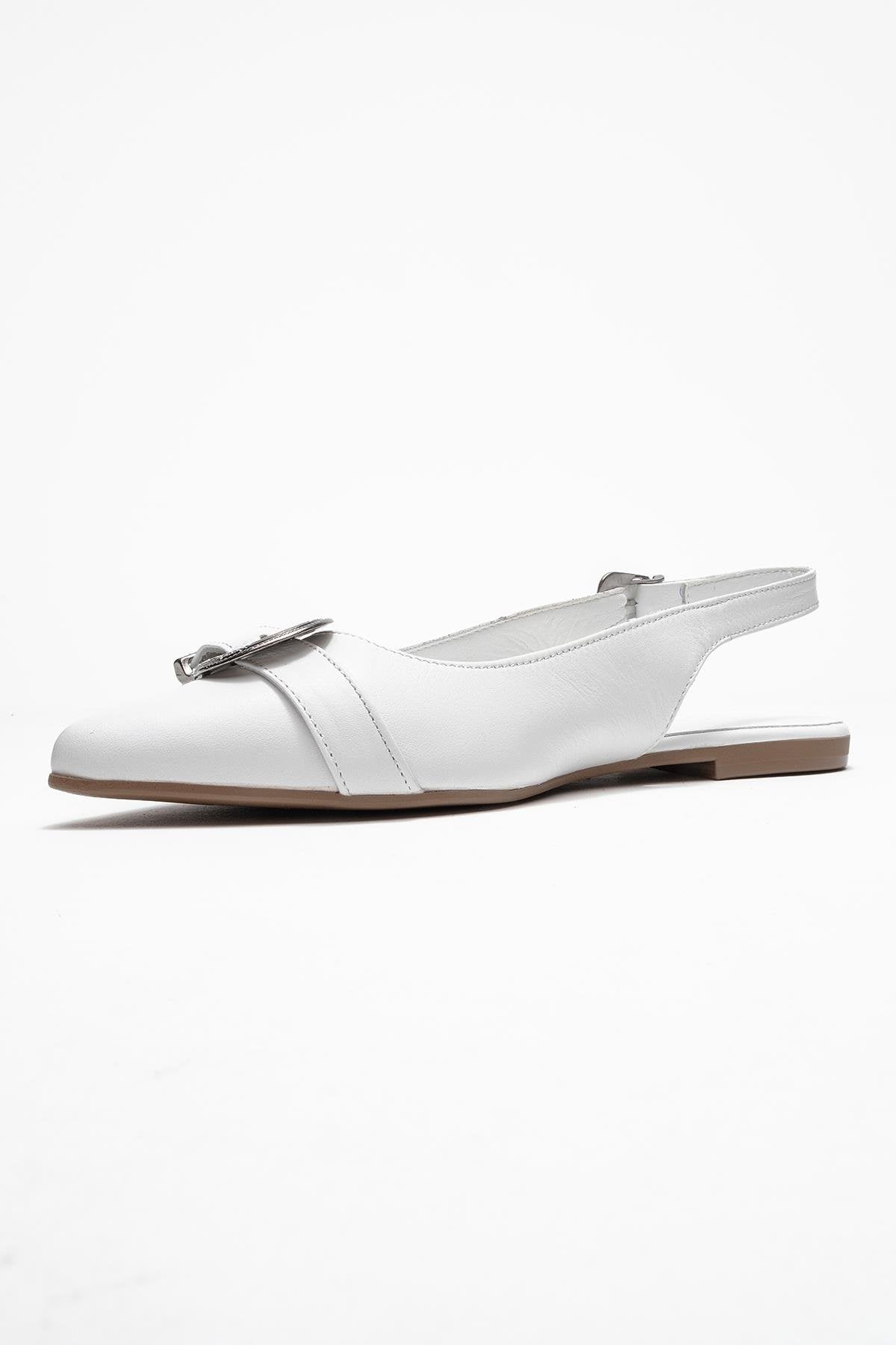 Dorothy - White Genuine Leather Pointed-Toe Buckle Sandal – heel view showing leather, white, red, Vowalisse