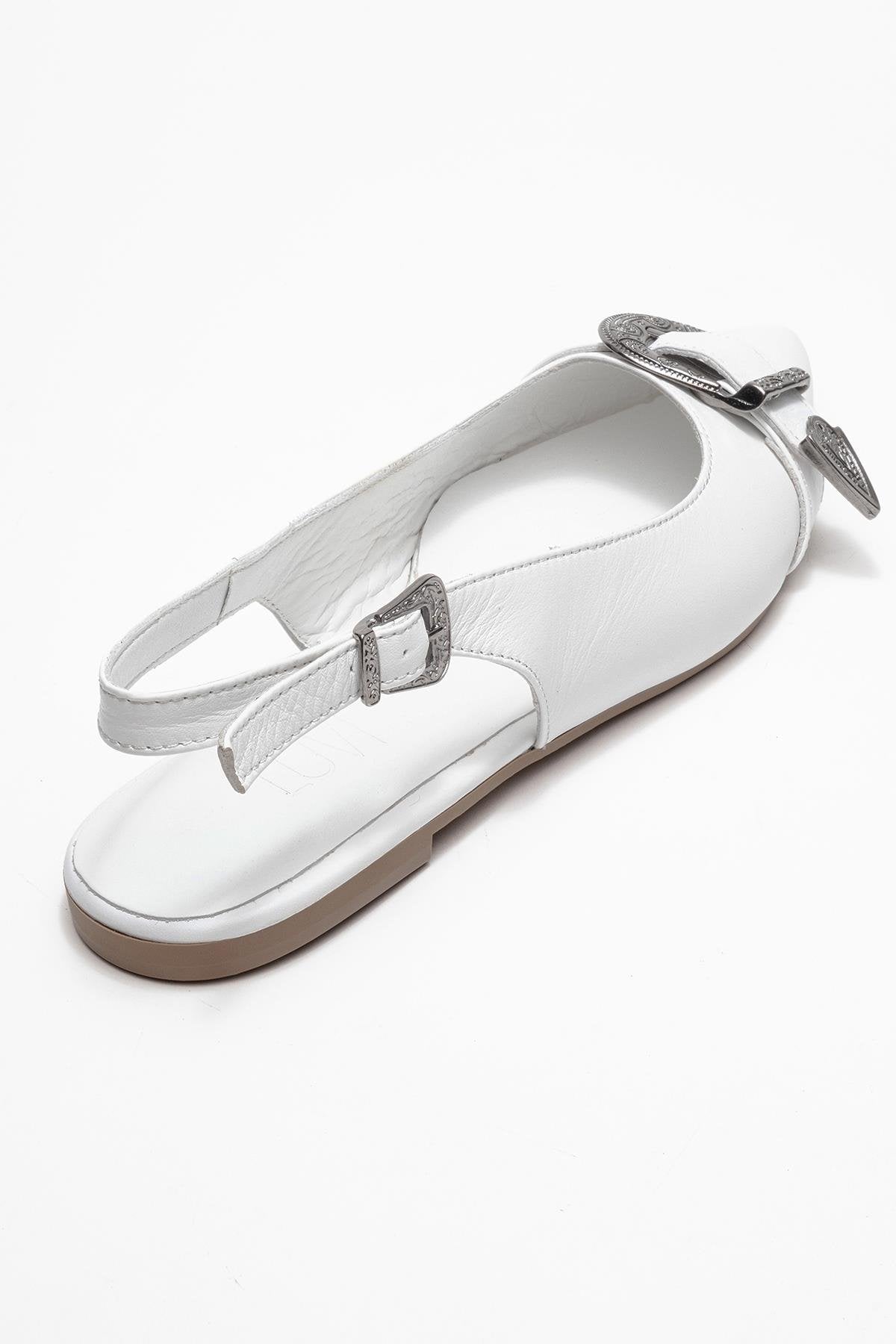 Dorothy - White Genuine Leather Pointed-Toe Buckle Sandal – back view showing leather, white, red, Vowalisse