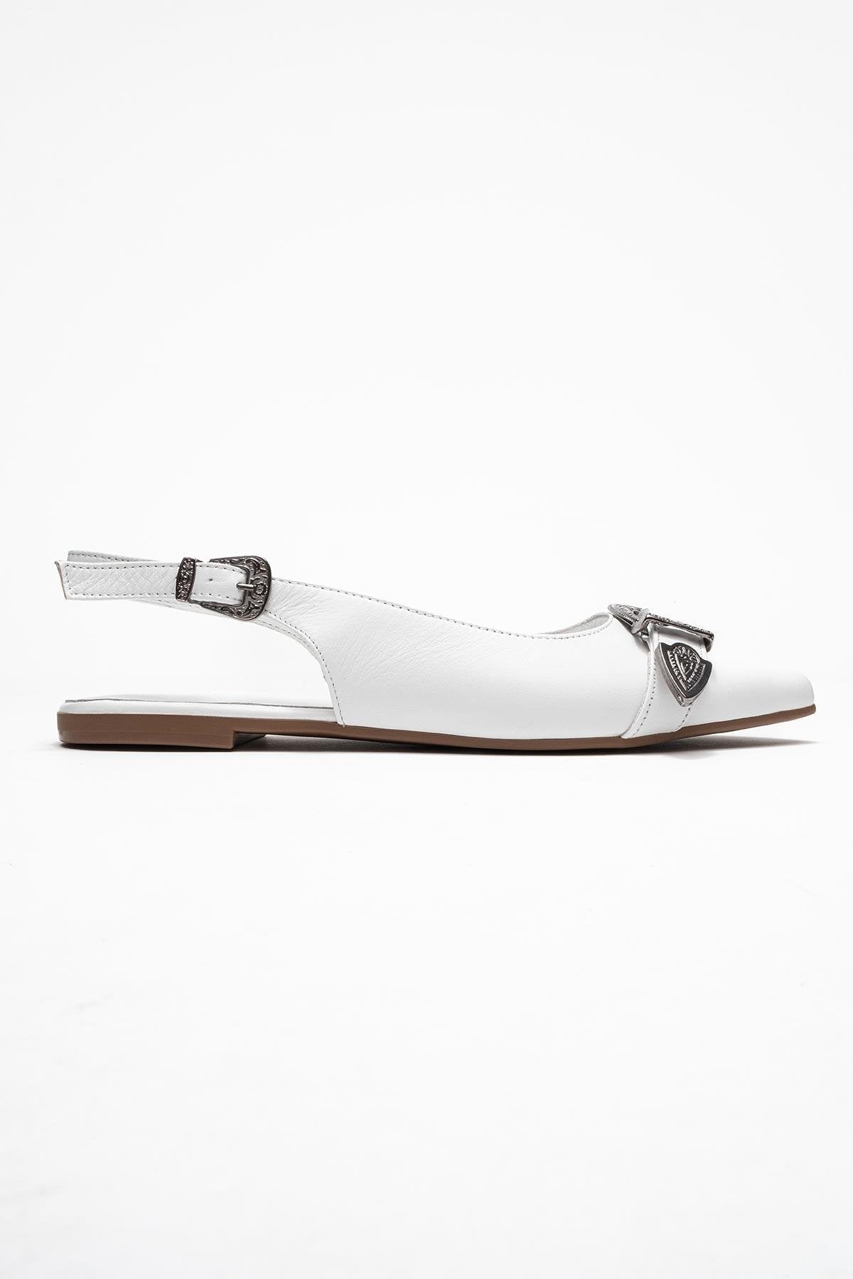 Dorothy - White Genuine Leather Pointed-Toe Buckle Sandal – top view showing leather, white, red, Vowalisse